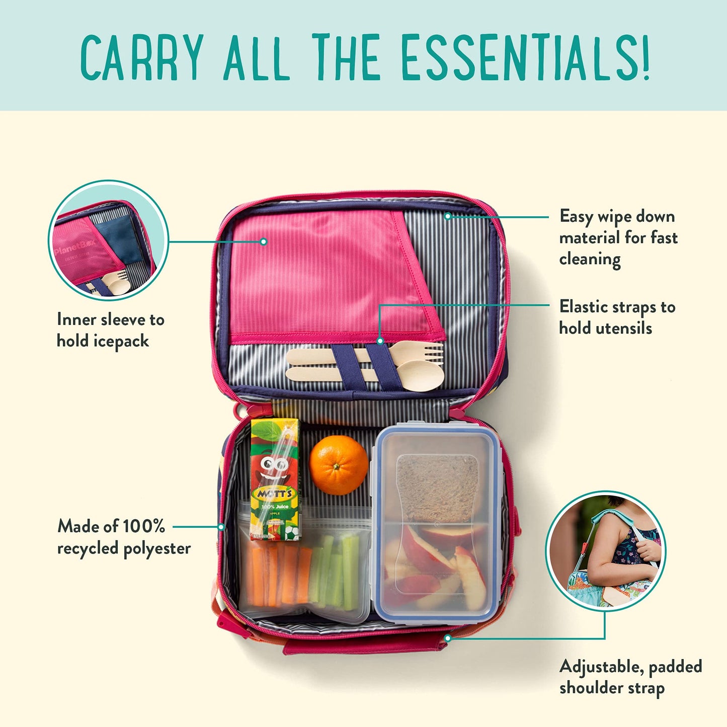 PlanetBox Insulated Lunch Bag – Tutti Frutti Edition Carry Bag with Pockets for Water Bottle and Snacks – Durable, Easy to Clean, and BPA Free