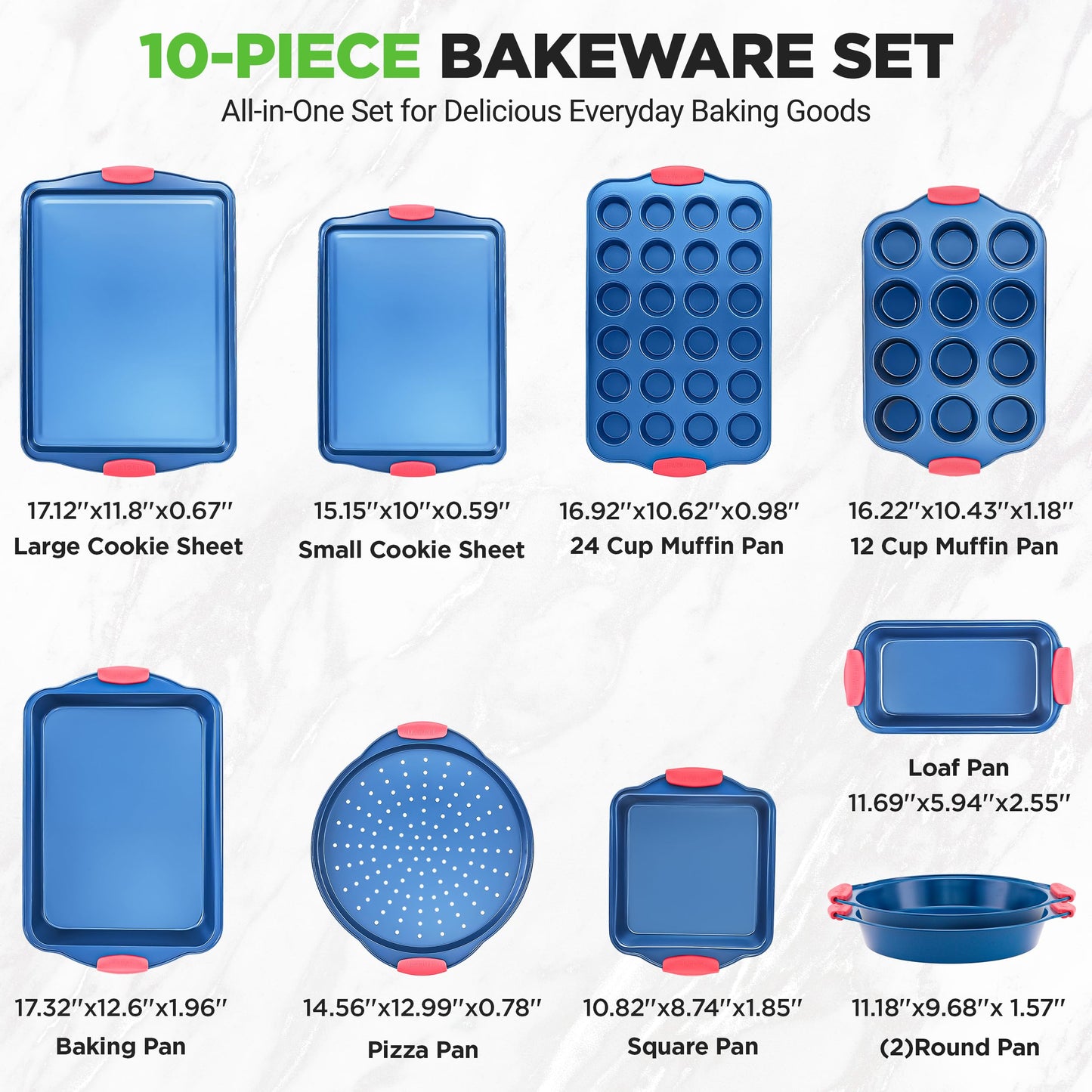 NutriChef 10-Piece Nonstick Bakeware Set - Premium Carbon Steel Baking Pans w/Silicone Handles - Includes Pizza Tray with Holes, 12 & 24 Cup Muffin Pans, Cookie Sheets, Round, Square & Loaf Pan - Blue