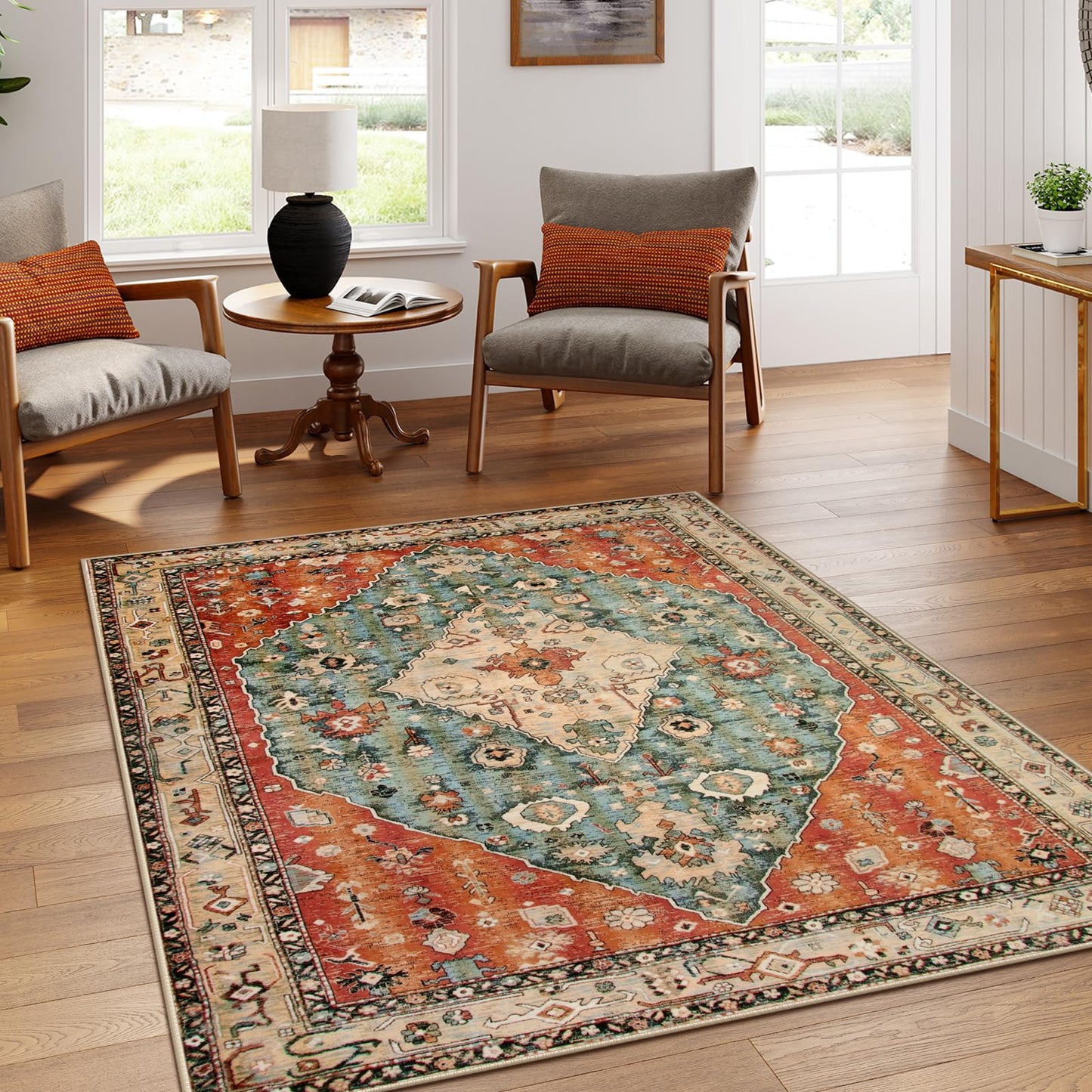 Lahome Felice Boho Tribal 5x7 Washable Living Room Bedroom Rug, Oriental Soft Dining Room Rugs for Under Table, Large Distressed Printed Carpet for Entryway Kitchen Playroom (Rust/Dull Teal,5x7ft)