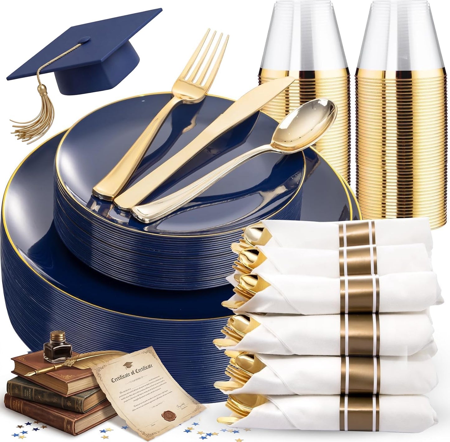KIRE 175Pcs Blue Plastic Plates - Navy Blue Plates Disposable - 25 for Dinner 25 for Dessert 25 Pre Rolled Napkins with Gold Plastic Silverware and 25 Cups for Memorial Day/Graduation/Father's Day