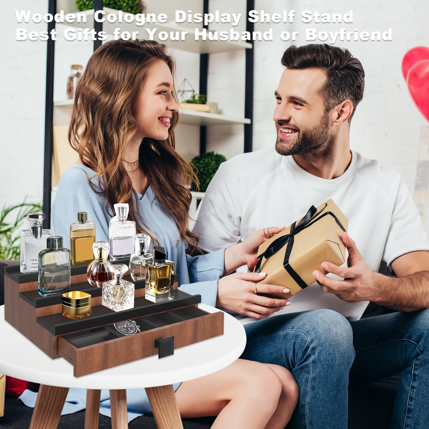 TIRYIUOU Cologne Organizer for Men, 3 Tier Wooden Cologne Stand for Men, Perfume Organizer Display, Cologne Shelf with Drawer and Hidden Compartment, Gift for Men