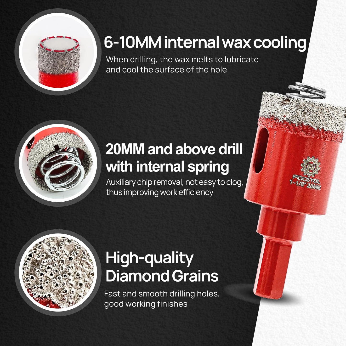 Diamond Core Drill Bit Set - FOCSTOL Diamond Hole Saw Kit for Porcelain Ceramic Tile 13pcs (6/8/10/25/28/32/35/45/65mm+50mm Beveling Chamfer Bit+20mm Drilling Milling Bit+6/6mm Carbide Drill)