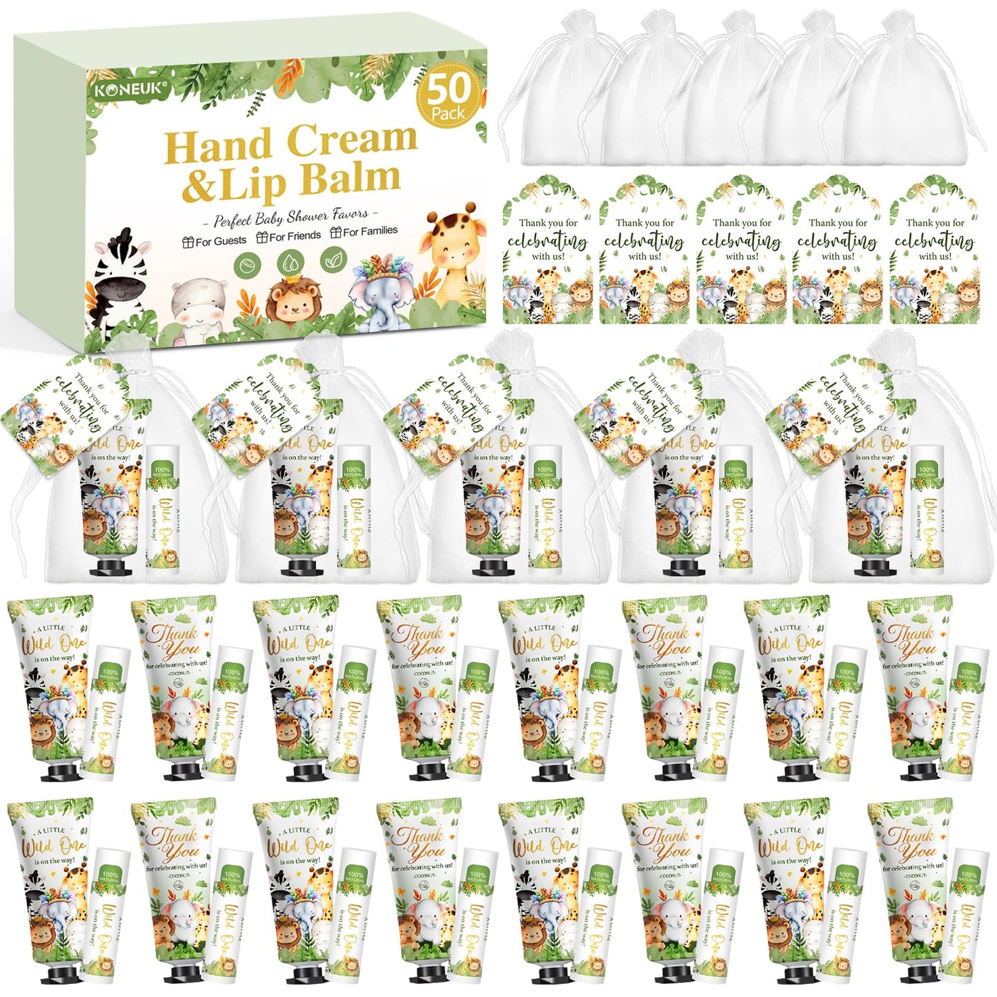 50 Pack Bulk Hand Cream and Lip Balm Gifts Sets, Baby Shower Favors and Bridal Shower Favors for Guests with Thank You Card and Organza Gift Bags, Appreciation Gifts, Wedding Party Favors (Baby Girls)