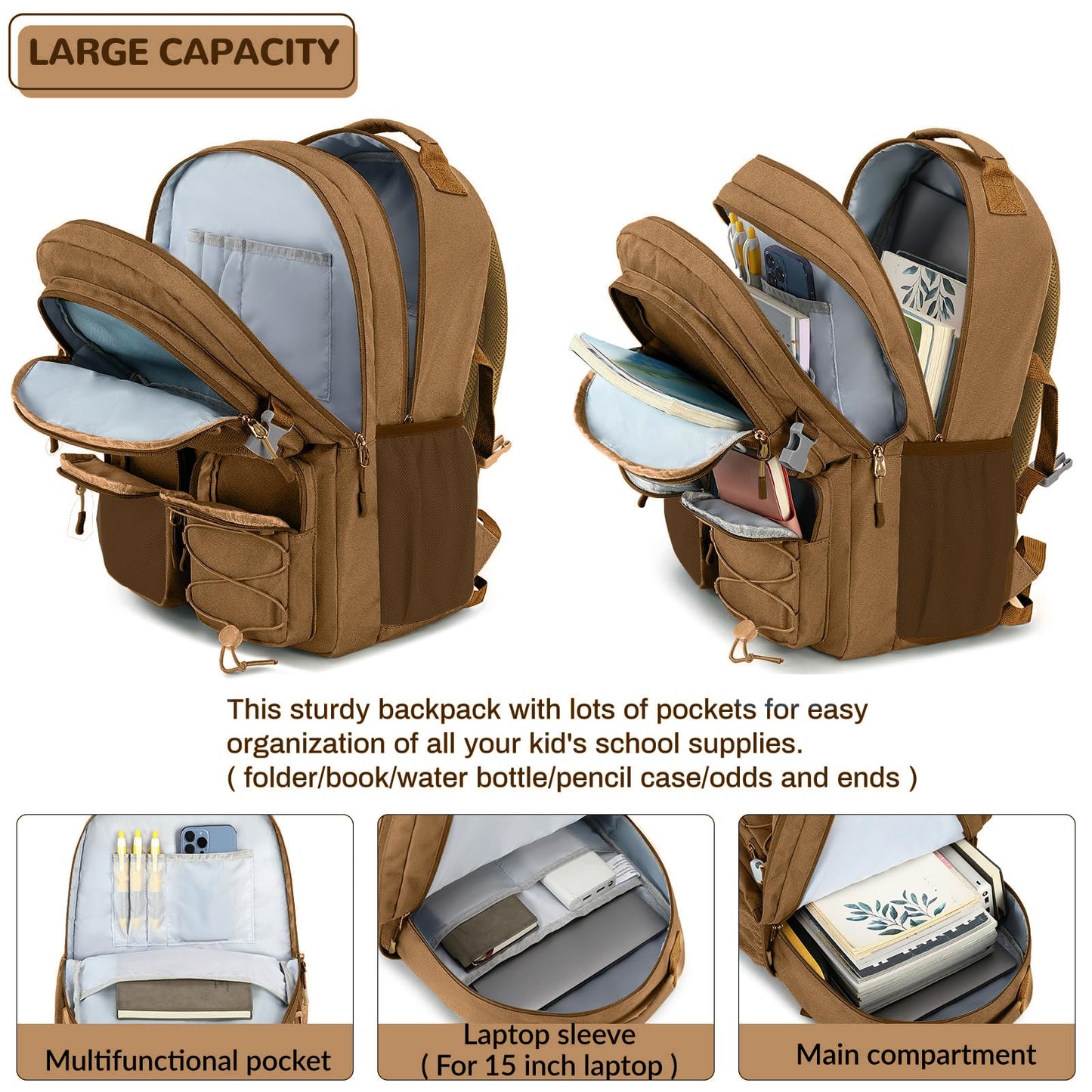 Lohol Water Resistant Daypack with Mulitiple Pockets for Travel Outdoor College, 15.6 inch Laptop Backpack for Men and Women (Brown)