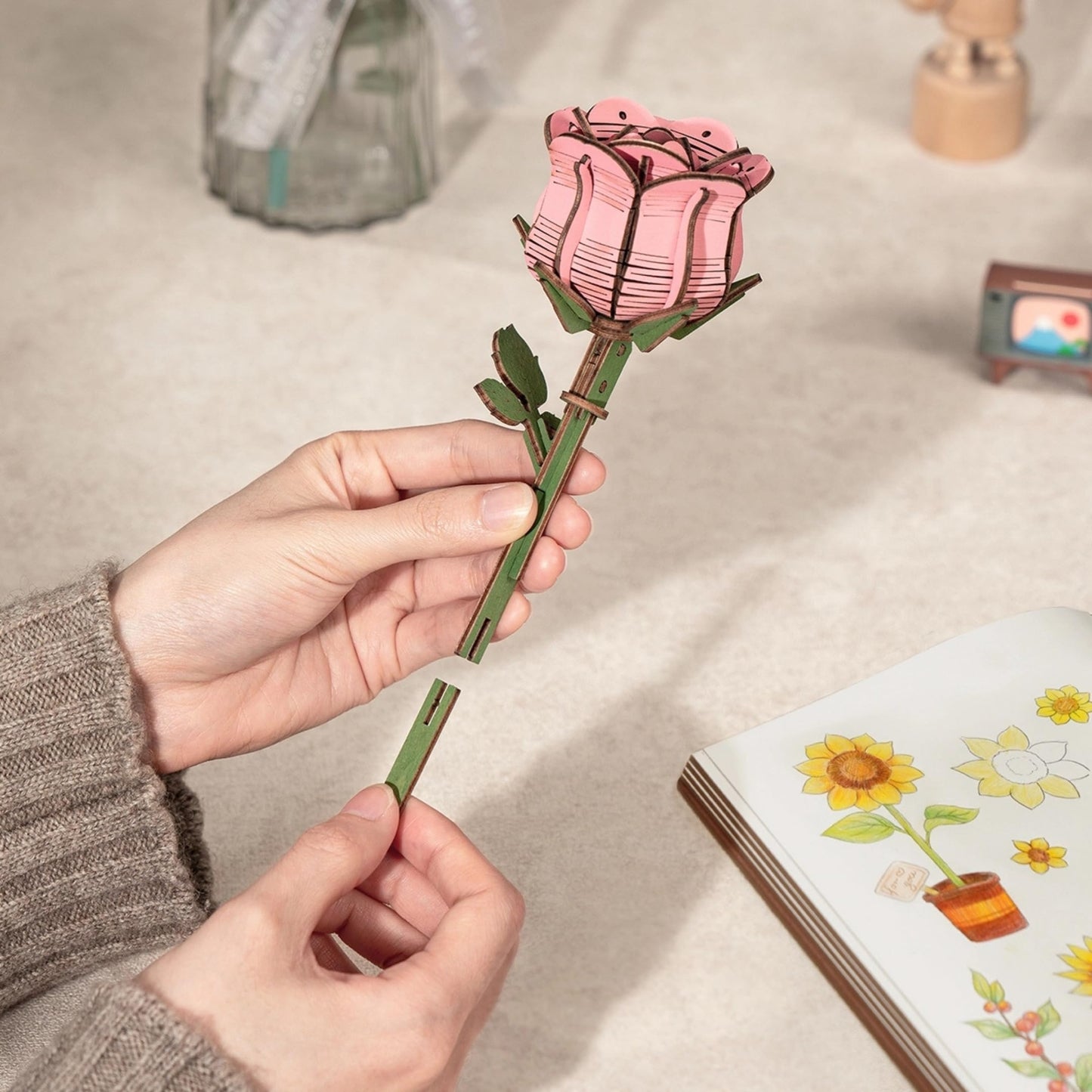 Hands Craft 3D Wooden Puzzle Craft Set – Botanical Garden Collection, DIY Building Kit with 3D Flower Puzzles - Sunflower, Lilac, Rose, Camellia. Decorative Wooden Floral Art for Home Decor