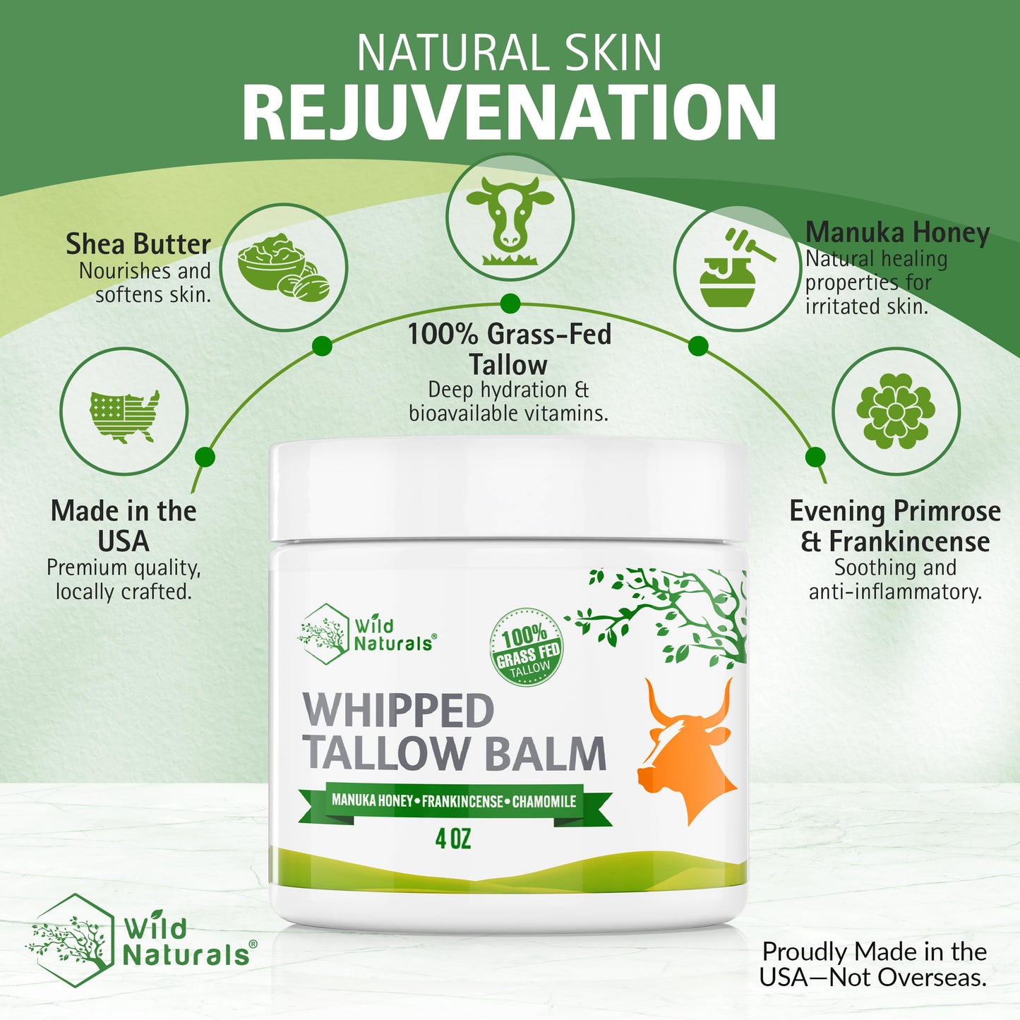 Wild Naturals Whipped Tallow Balm, 100% Grass Fed Beef Tallow and Honey Balm for Face and Body, Unscented Face Moisturizer, Anti-Aging and Dry Skin Relief, Non-Greasy, All-Natural, 4oz