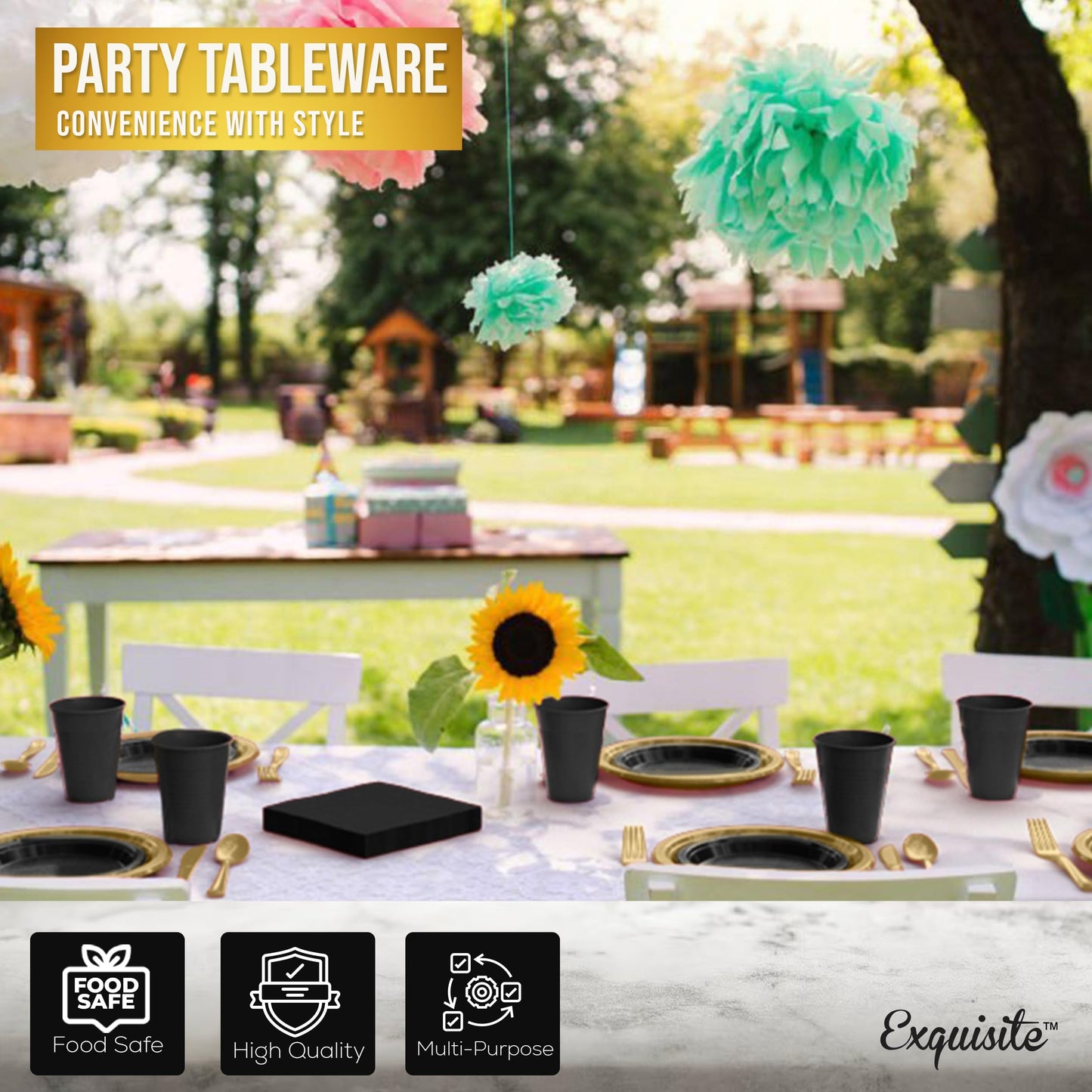 350 Pcs Black & Gold Plastic Plates For Party, Black & Gold Disposable Plates Set, 50 Of Each 9" Dinner Plate Set, 7" Dessert Plate, Cups, Napkins & Cutlery Plastic Dinnerware Exquisite