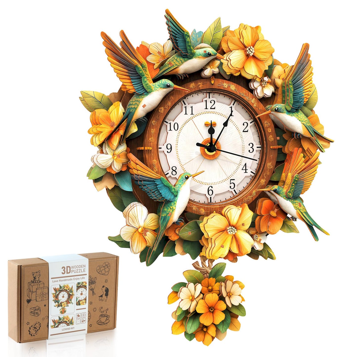 Rnfinewow 3D Wooden Puzzles for Adults, Wooden Puzzle for Adult, Hummingbird Clock DIY Kit With Pendulum, Beginner 80 Piece 3D Puzzles, Creative Gift Ideas for Adults Teens