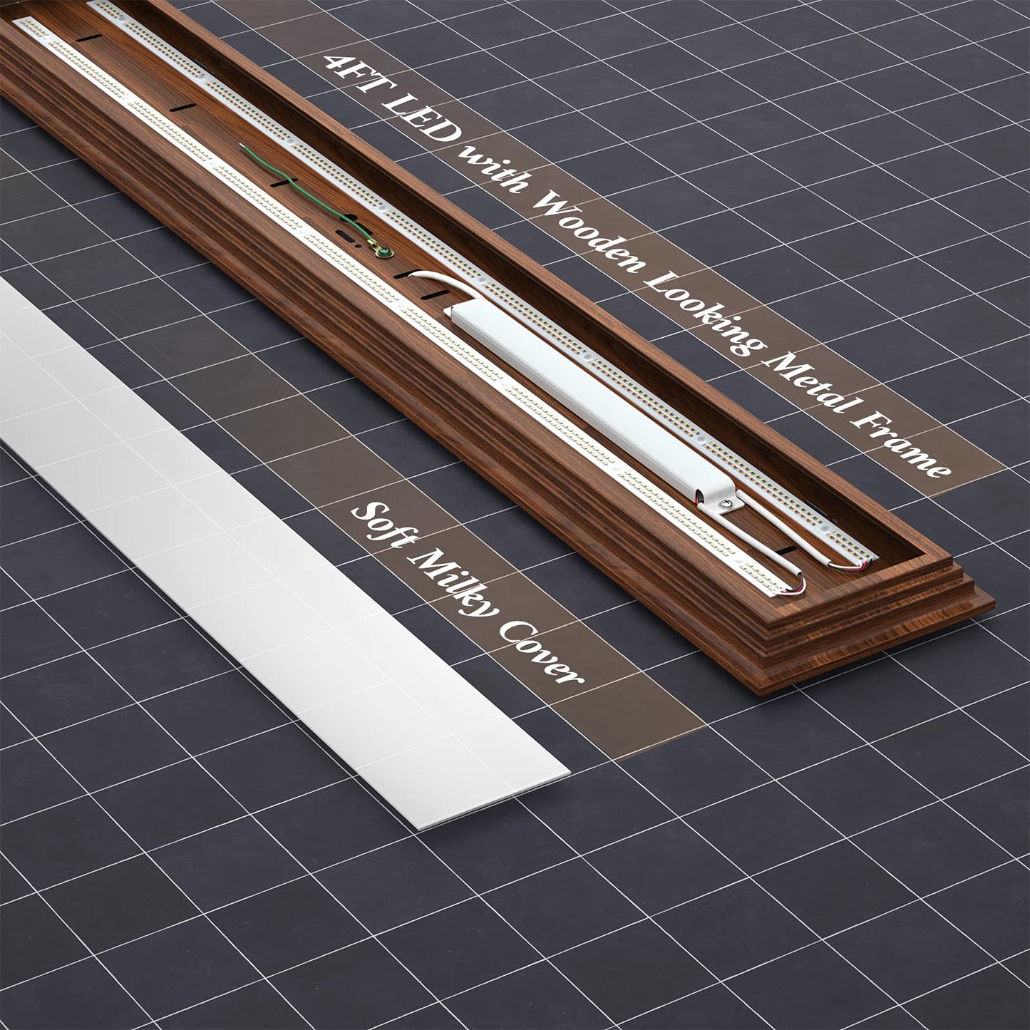 FAITHSAIL 4FT LED Light Fixture with 3000K/4000K/5000K CCT Selectable Dimmable 4 Foot LED Linear with Wooden Look 50W 5500LM Flush Mount Ceiling Wraparound for Kitchen, Bedroom, Laundry