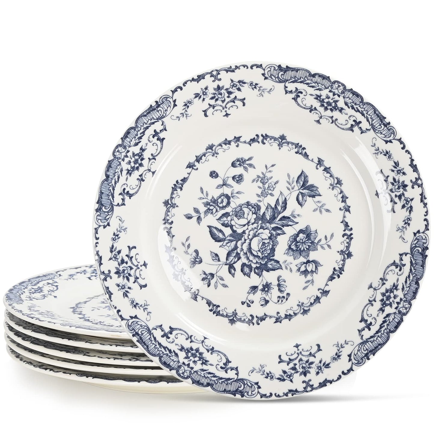 HomeElves Dinner Plates, Ceramic Plates Set of 6, Kitchen Plates Microwave Safe, White Plate Dessert Blue Floral Plate Porcelain (Blue Rose, 10.5 inch)