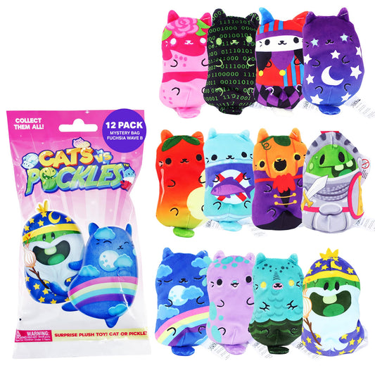 Cats vs Pickles 12pk Mystery Bags Fuchsia Wave B 4" Bean Filled Plushies | Blind Bags for Girls and Boys | Surprise Bean Collectibles | Sensory Friendly Mystery Bag Toys for Kids & Adults | 12-Pack