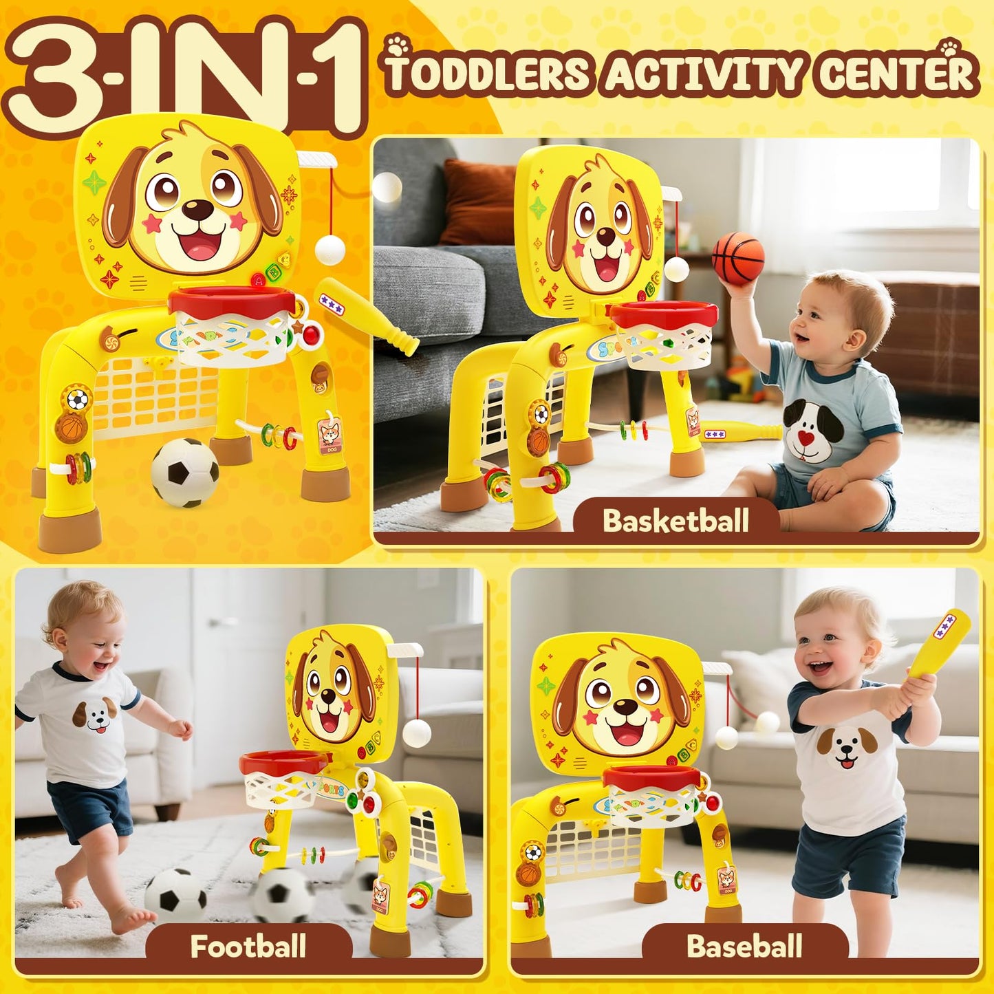 Toys for 1 Year Old Boy - Toddler Basketball Hoop & Soccer Goal & Baseball Activity Center with Light Sound Music, Puppy Montessori Sports Toy, Christmas Birthday Gift for Baby 12-18 Months, Yellow