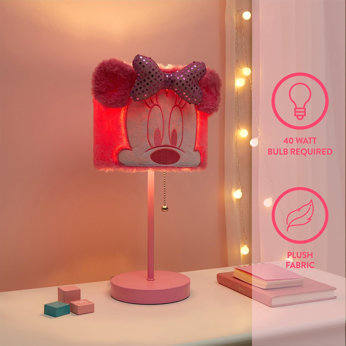 Idea Nuova Disney Minnie Mouse Table Lamp,Plush Pink Base with Decorative Shade, Kids Bedroom or Nursery Lighting, Cute Character Lamp for Girls