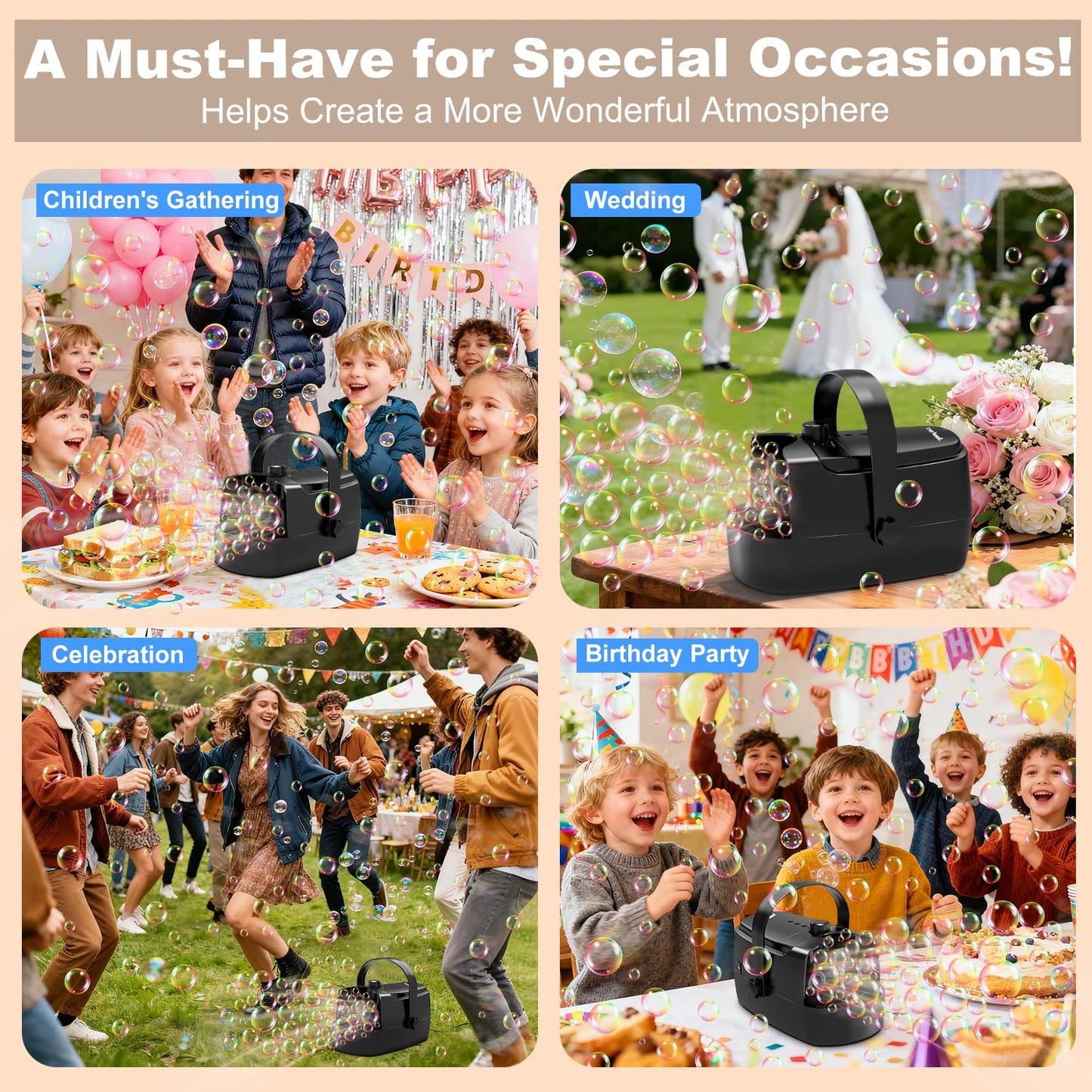 Bubble Machine Durable Automatic Bubble Blower, 18000+ Bubbles Per Minute Bubbles for Kids Toddlers Bubble Maker Operated by Plugin or Batteries Bubble Toys for Indoor Outdoor Birthday Party (Black)