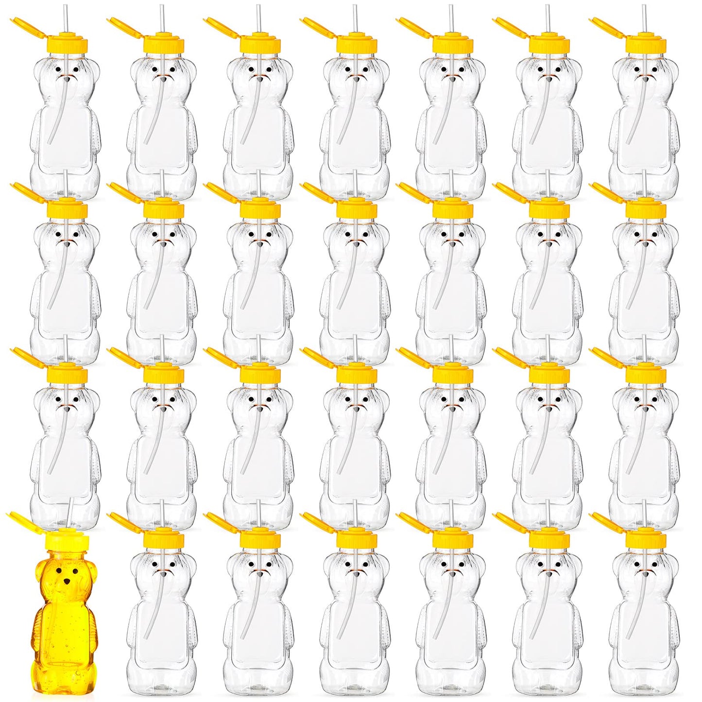 Thenshop 32 Pack Honey Bear Bottle with Straws Empty Plastic Cup Honey Jar Containers Bear Shaped Squeeze Bottle Storing and Dispensing Yellow Flip Top Lid Assistive Cups(8oz)