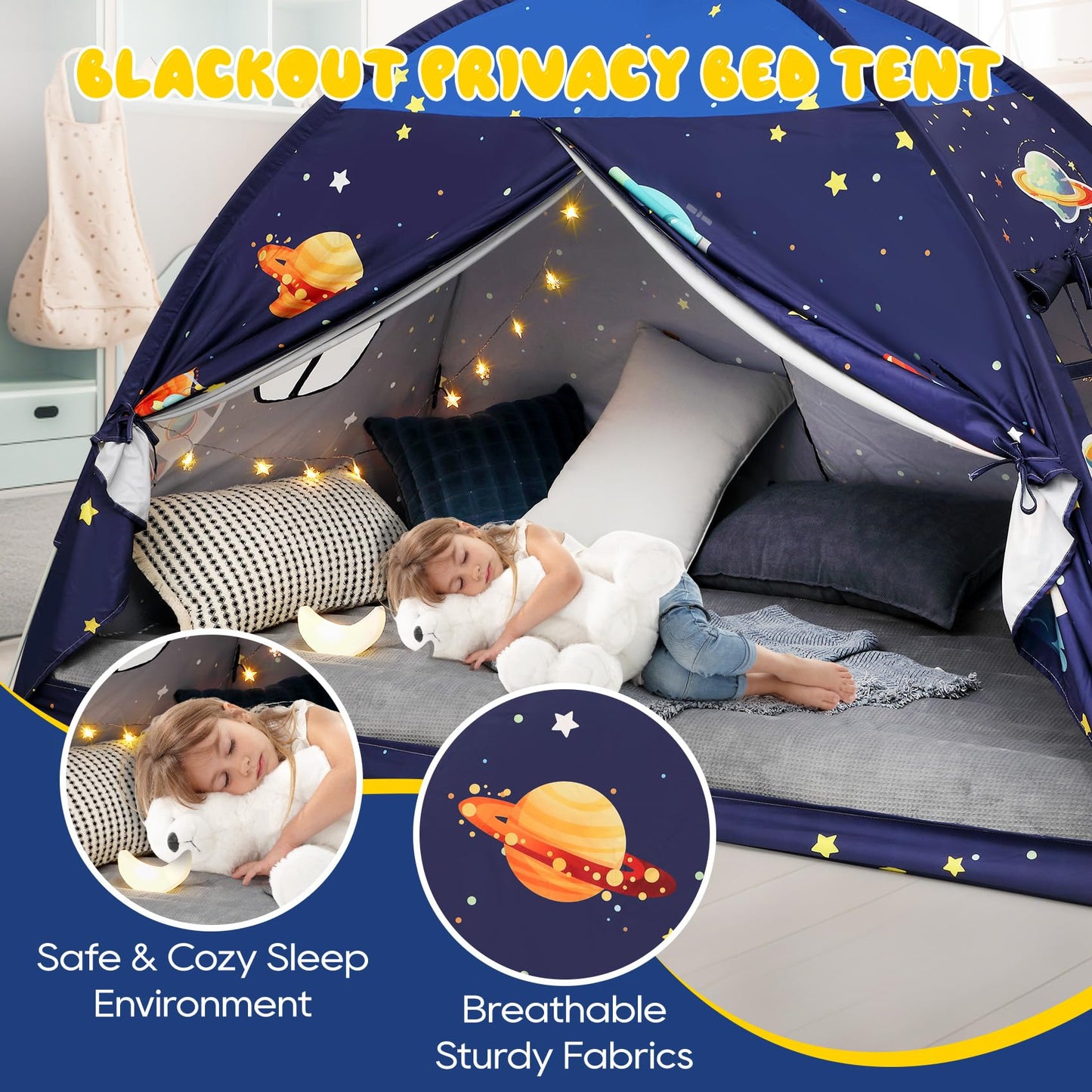 Redants Twin Bed Tent Canopy, Space Indoor Blackout Privacy Toddler Bed Tent for Kids with Light, Portable Sleeping Floor Kids Playhouse (Blue, Twin Size)