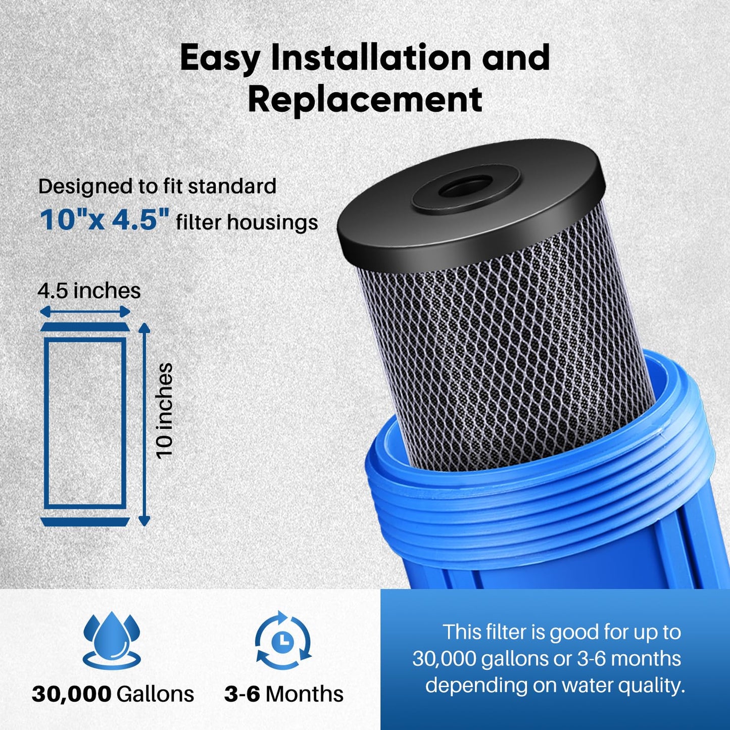 10" x 4.5" Whole House Coconut Shell Activated Carbon Water Filter Replacement Cartridge - Compatible with WFHDC8001, CB-BB-10, FXHTC, GXWH40L, GXWH35F, GNWH38S, CTO10BB - 1 Pack