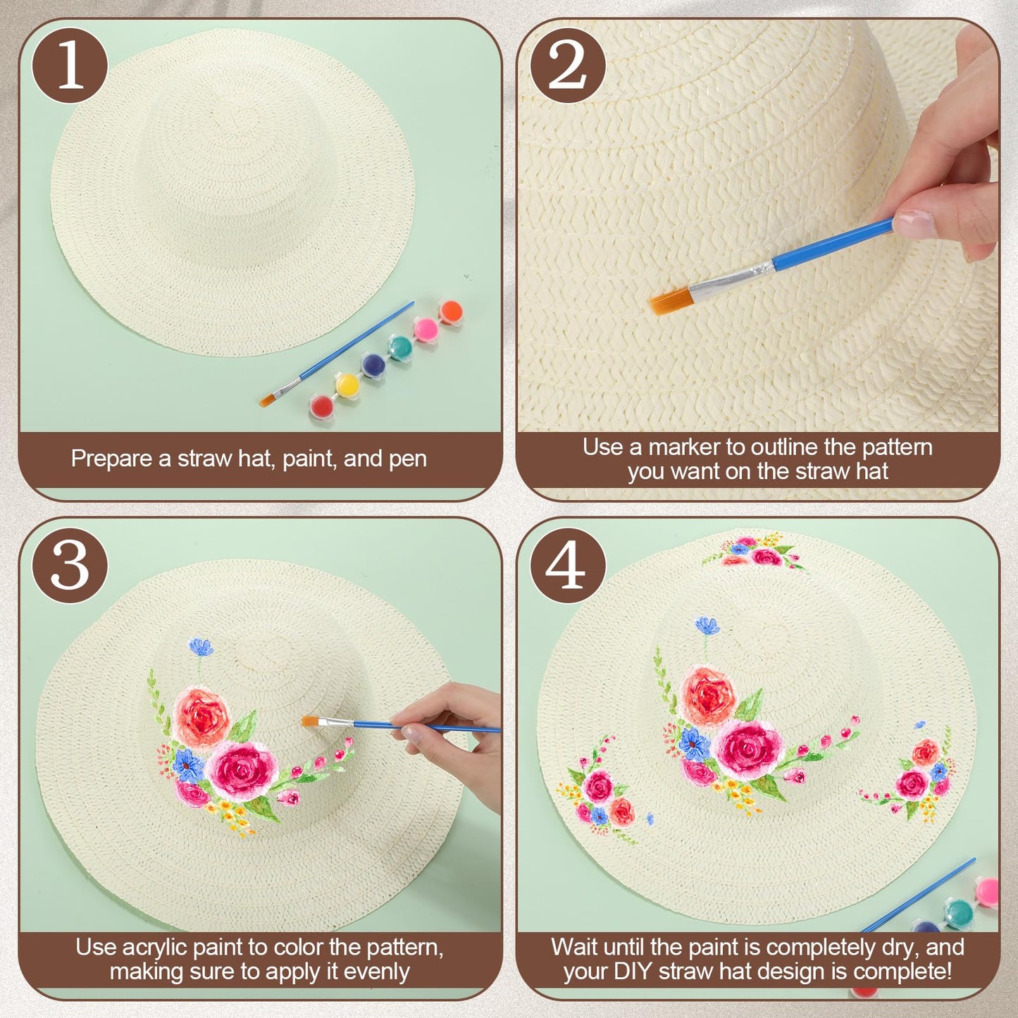 Chicingyou 12 Set DIY Straw Hat Set DIY Tea Party Hats Handmade Cap with Paints Brushes Craft Art Painting Cap Tea Party Supplies Mexican Arts Crafts Gifts for Adults Women Men