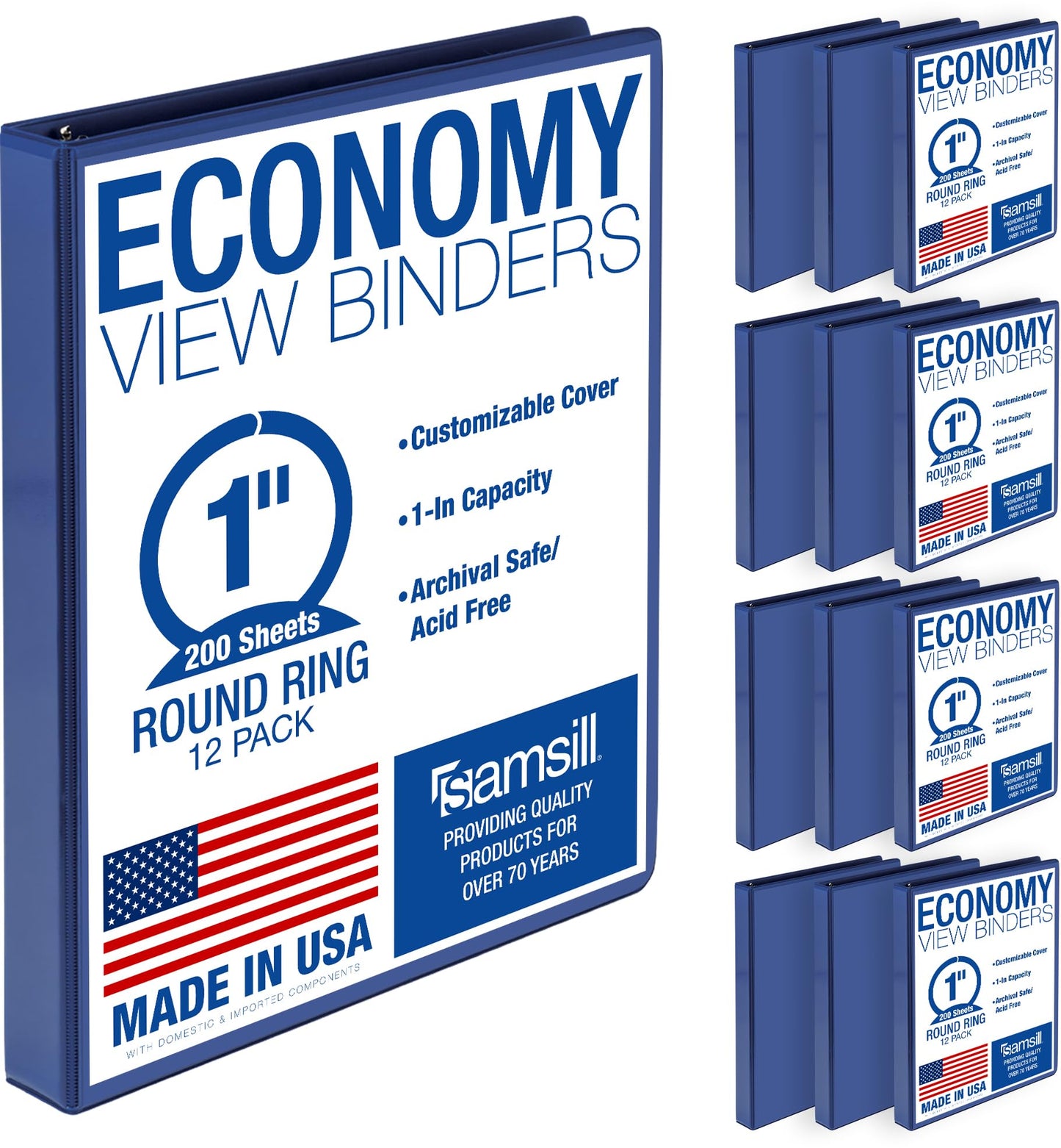 Samsill 1 Inch 3 Ring Binders, Economy Round Ring, Clear View Cover, 200 Sheet Capacity - for School, Home, Office - Blue, 12 Pack