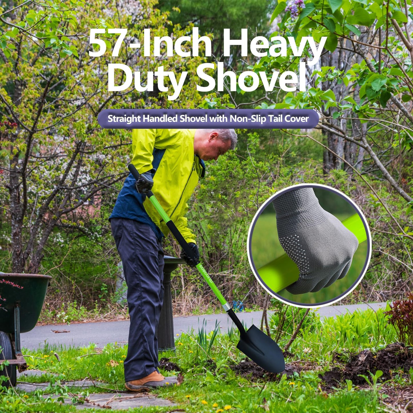 Shovel for Digging, Heavy Duty Shovel for Digging, 57 Inch Straight Handled Round Shovel with Non-Slip Tail Cover, Lawn and Yard Tools, Fiberglass Handle(Green)