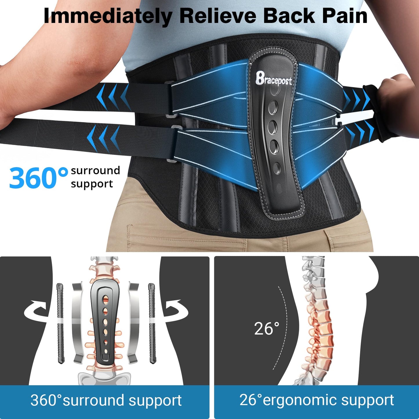 Back Brace For Lower Back Pain Women Men With 360°Support & Hot/Cold Compress,Breathable Back Support Belt With 3D Pad,Adjustable Back Brace For Sciatica,Herniated Disc,Scoliosis,XL
