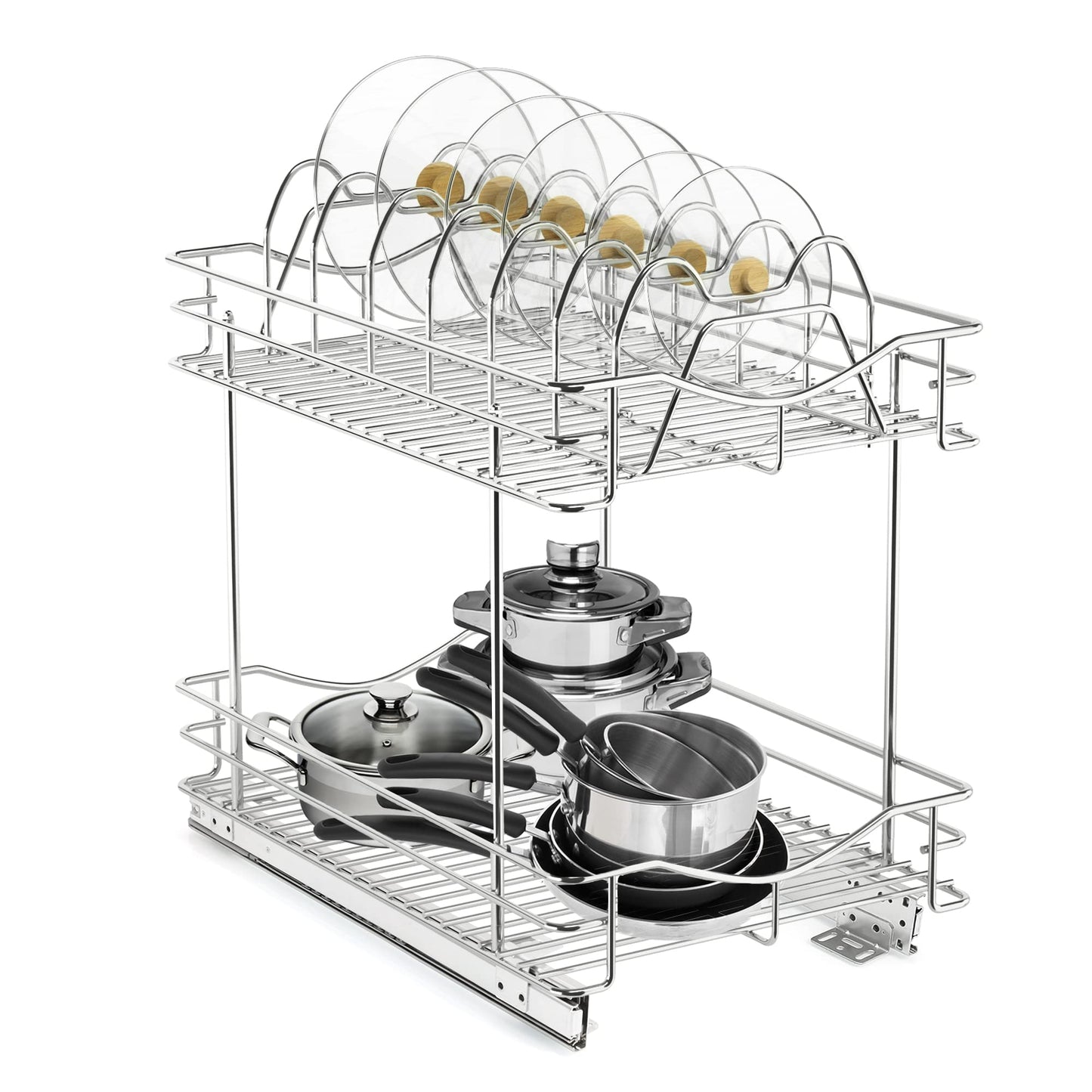 FULGENTE Pull Out Cabinet Pots and Pans Organizer 11" W x 18" D 2 Tier Wire Basket for Lid Cookware Drawer Slide Out Kitchen Cupboard Organization Shelves Shelf for Pantry Roll Out Storage, Chrome