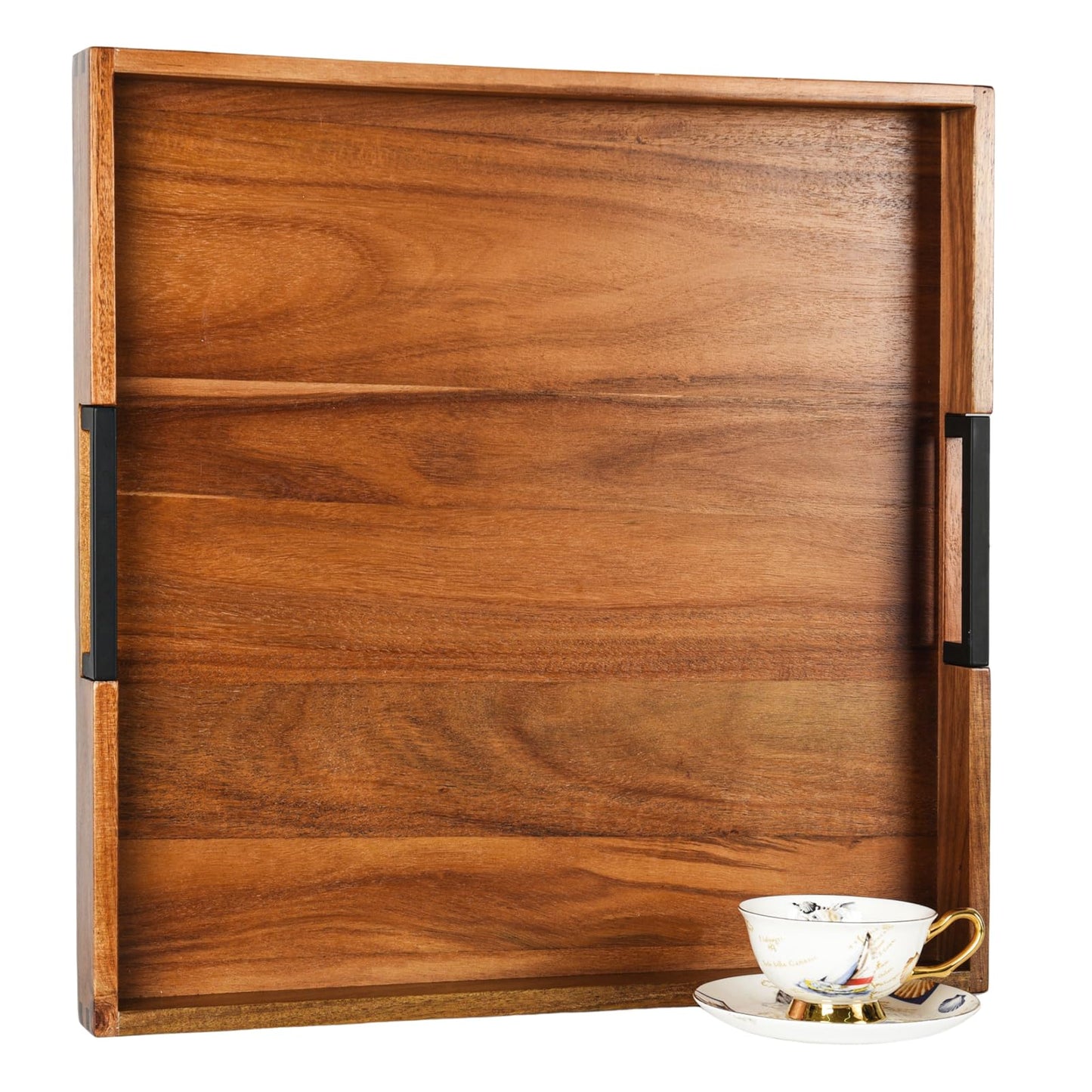 Large Square Ottoman Tray for Living Room and Coffee Table, Decorative Acacia Wood Serving Tray with Metal Handles for Breakfast in Bed, Dinner Food Kitchen TV (Natural, 20" x 20" x 2")