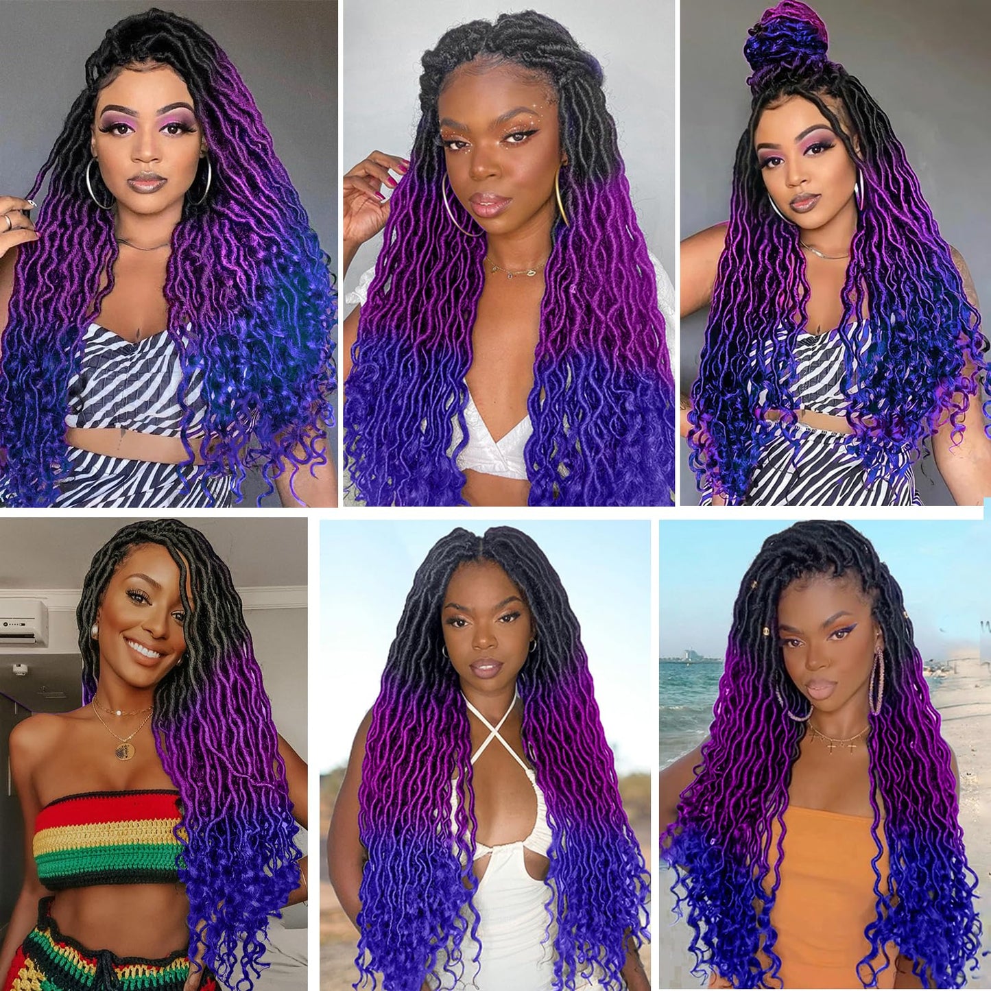 Ms Aloe Ombre Faux Locs Crochet Hair 5Pack（120 Strands）Ombre Purple Blue Faux Locs Crochet Braids Hair Pre Looped Goddess Locs Crochet Curly Hair for Black Women (20inch,1B/Purple/Blue#)