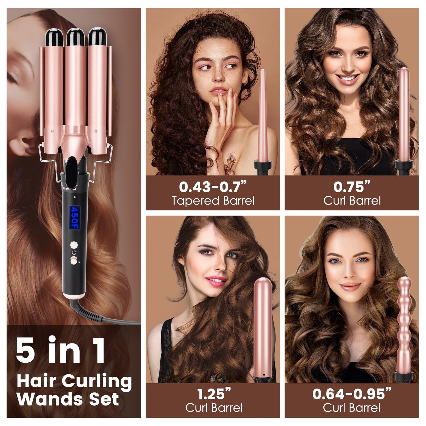 Bo'laiya 5 in 1 Curling Wand Set with Temperature Display, Curling Iron Set with 5 Interchangeable Ceramic Curling Wands, Instant Heat Up, Suitable for All Hair Types (Rose Gold)