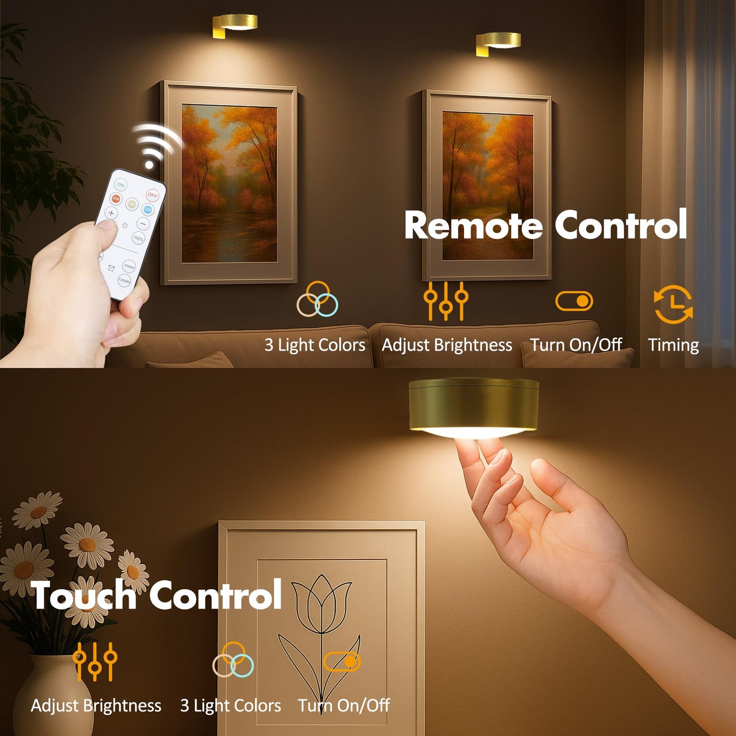 6Pcs Battery Operated Picture Light, Magnetic Led Painting Light with Remote Dimmable and Timer, 3 Lighting Modes Art Display Light for Picture Frame Paintings, Wireless Wall Decor Puck Lights, Gold