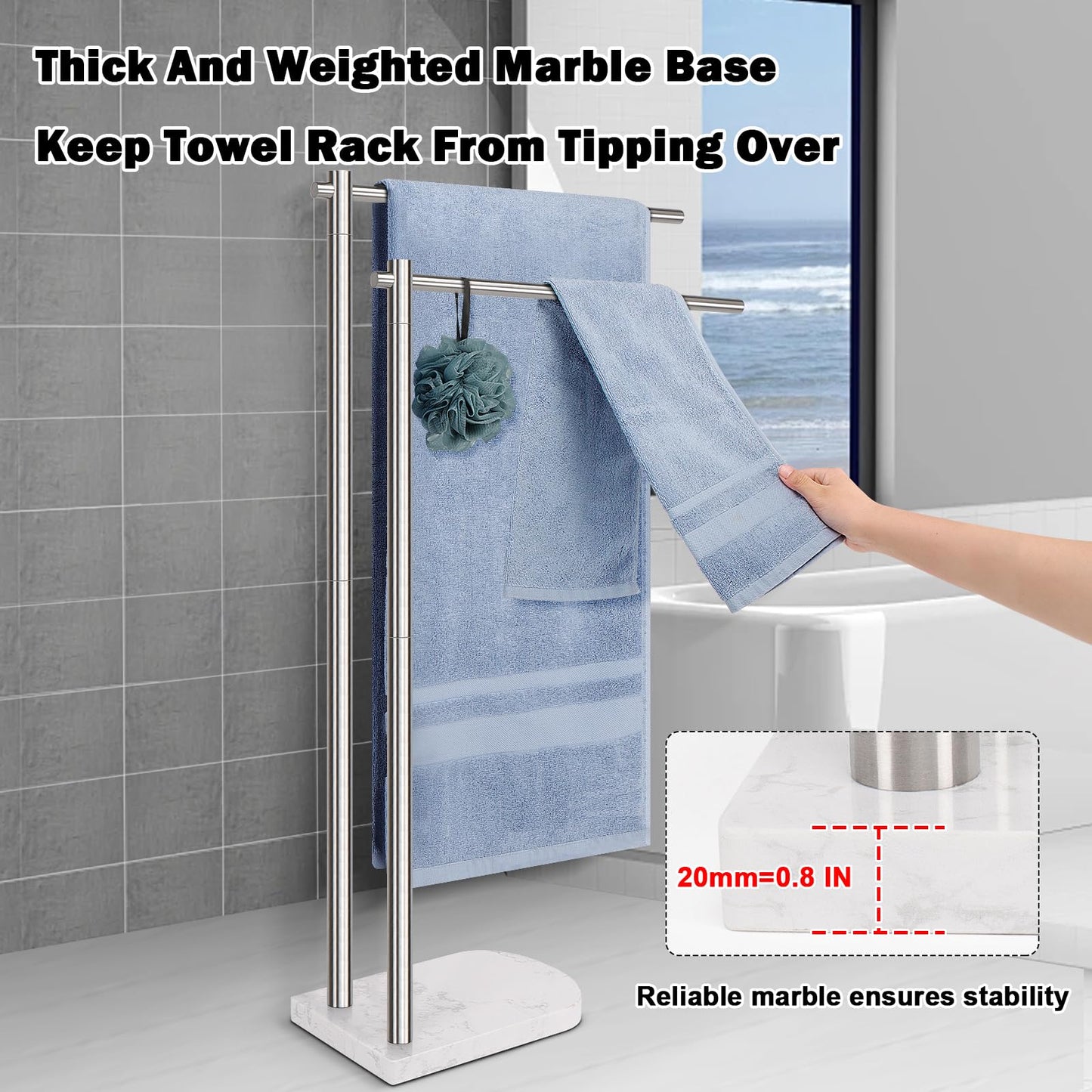 Livabber Standing Towel Rack, 304 Stainless Steel 2-Tier Towel Holder Stand with Marble Base, Modern Stylish Tall Shower Towel Bar for Bathroom Accessories, Pool（Brushed Nickel）