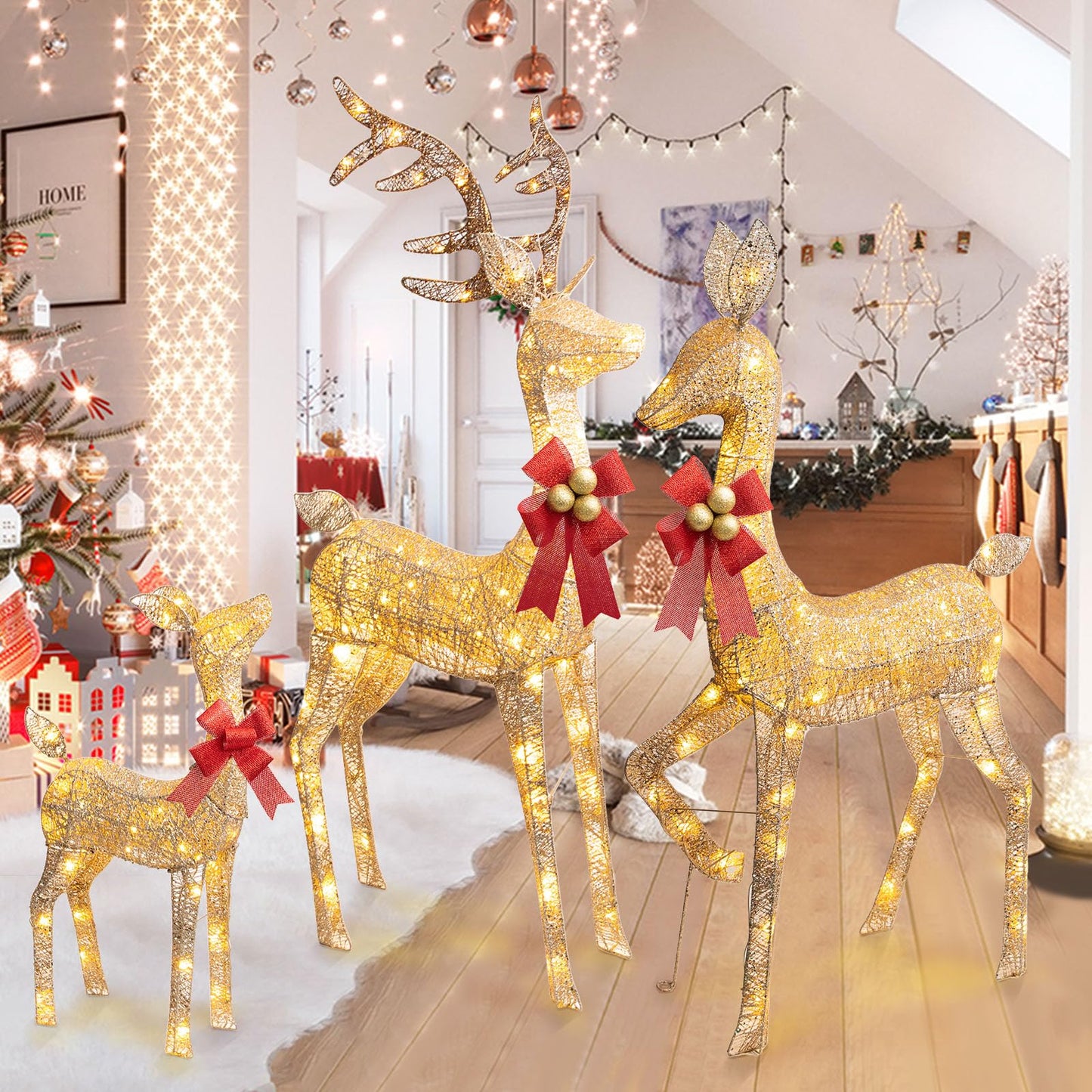 3Pcs Large Lighted Reindeer Christmas Decorations, 3D Yard Deer Decor Family Set for Indoor or Outdoor Yard Art- with 210 Warm White LED Lights,Ground Stakes,Zip Ties