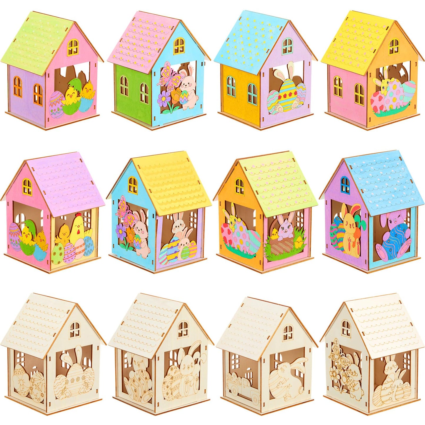 Jenaai 24 Sets Wooden Spring Houses Craft Kit DIY Bulk Easter Village Sets 3D Wood Bunny House Crafts to Paint Art for Spring Easter Gift Party Supplies Table Decorations