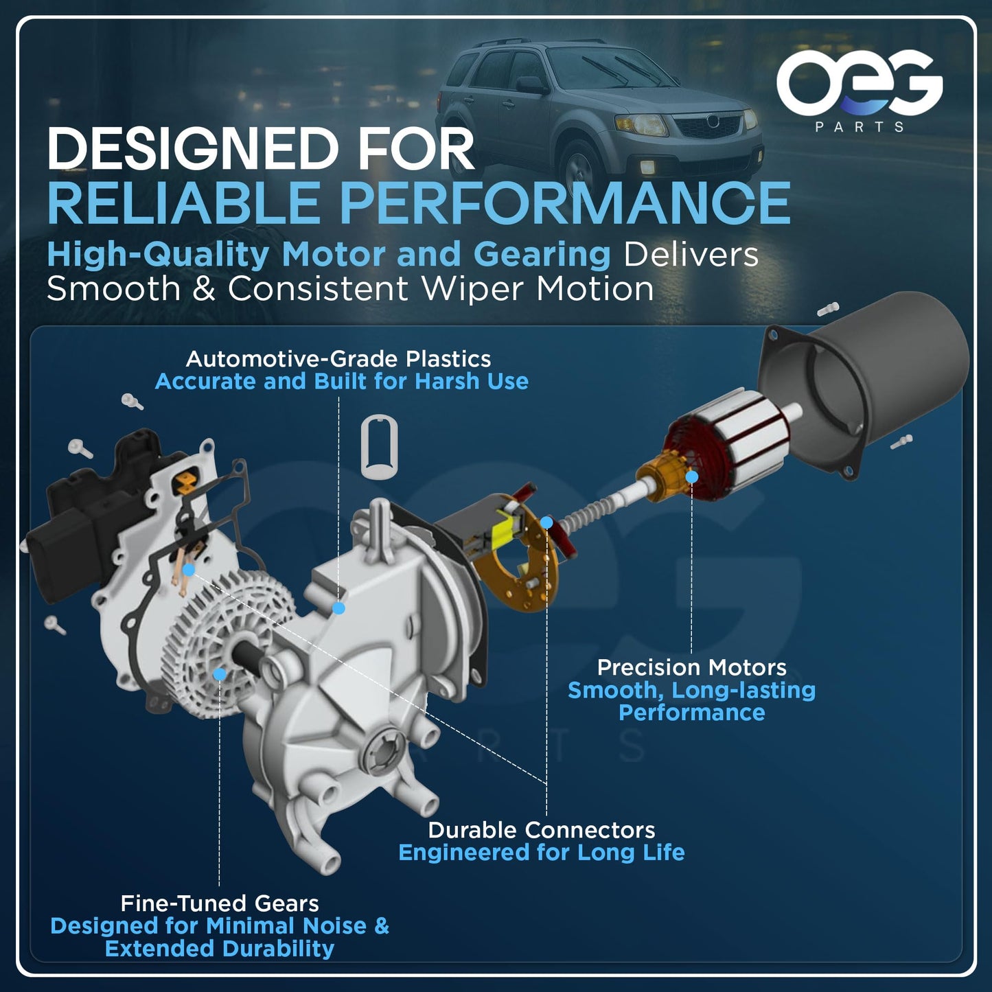 OEG Parts New Windshield Wiper Motor Compatible with Cadillac Chevrolet GMC 1990-2002 Includes Pul. 15740719, 22100736, 22101097, WPM158, 12368702
