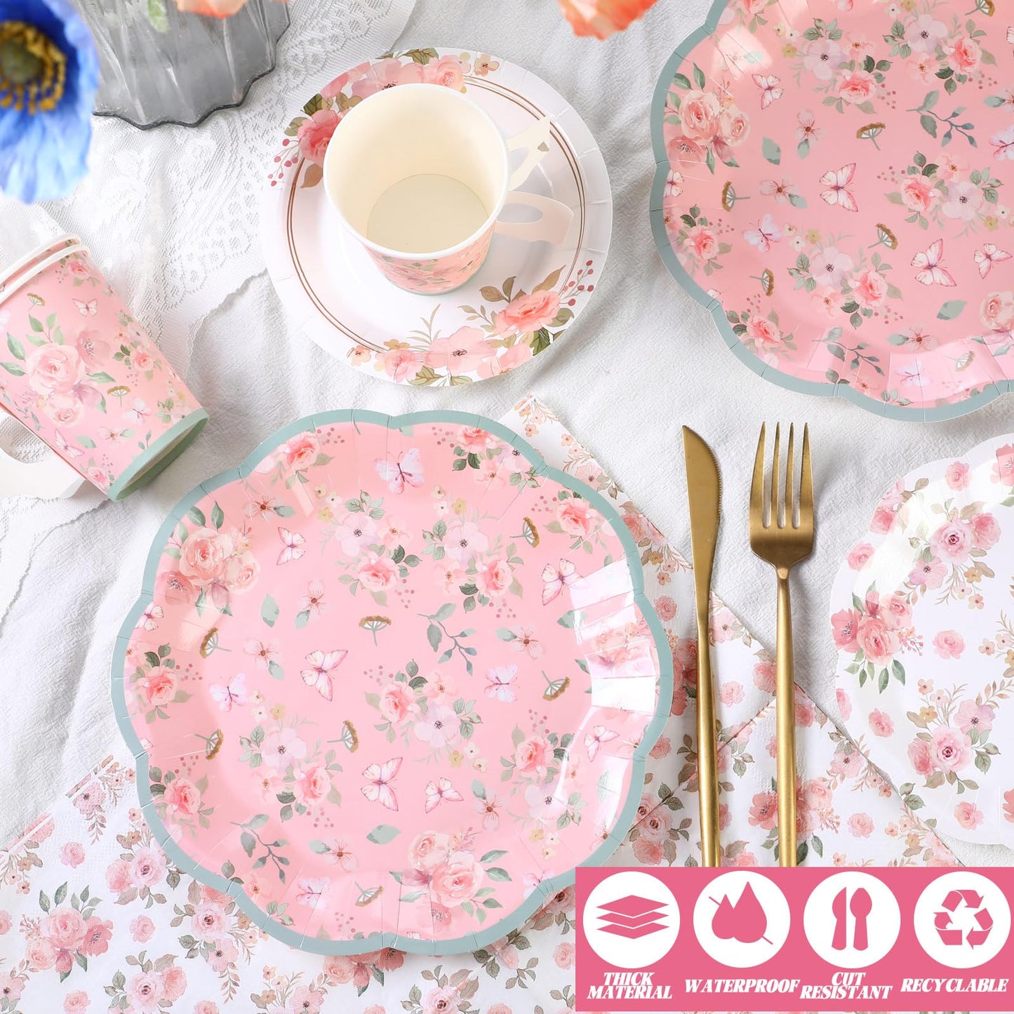 Pickmesh 252 Pcs Pink Floral Tea Party Supplies for 36 Guests Pink Floral Paper Disposable Dinnerware Flower Teacups with Handle and Saucers Set for Tea Party Decorations Birthday Wedding