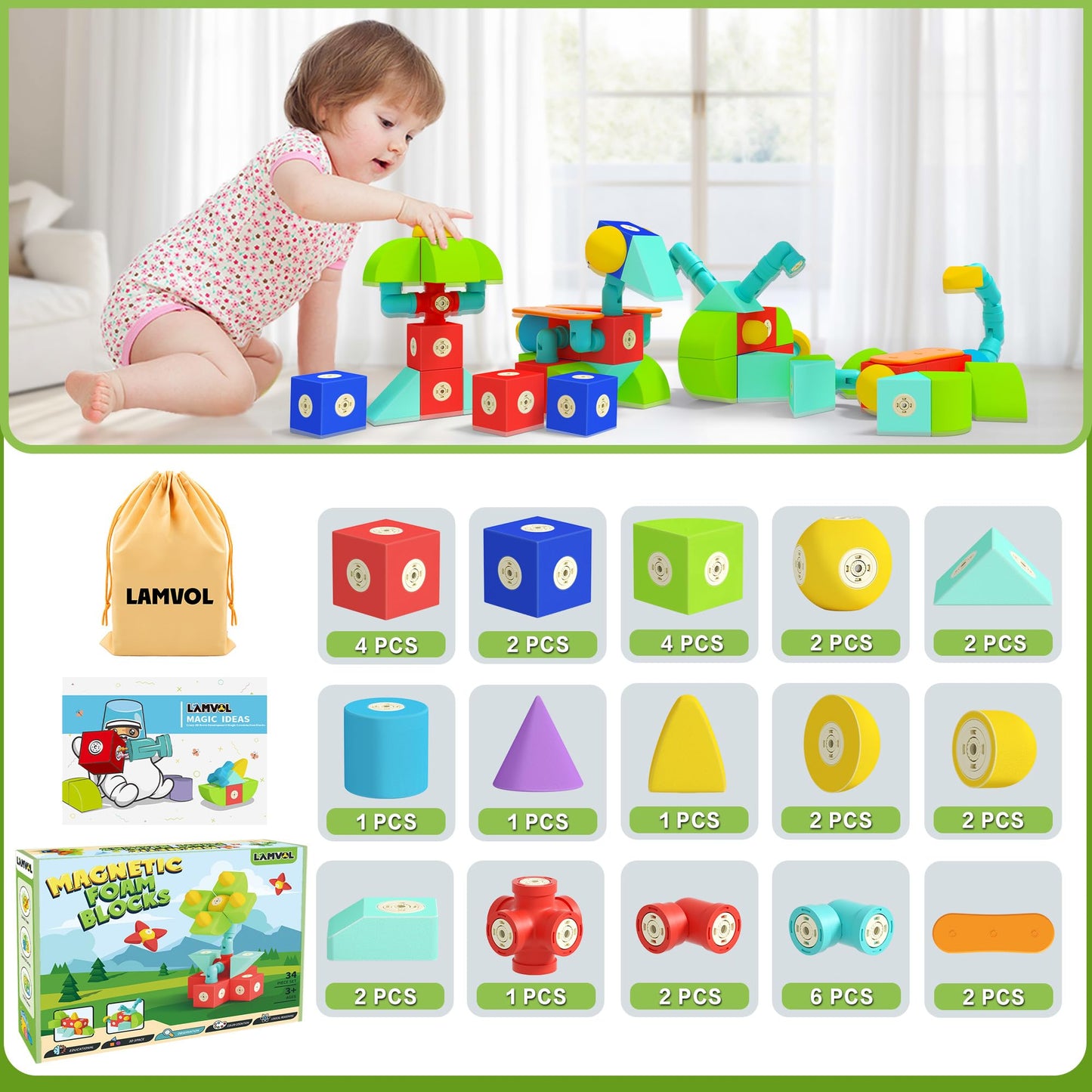 Lamvol Foam Magnetic Blocks, Sensory Bath Toys Building Blocks for Toddlers 1-3, Travel Outdoor Preschool Montessori Toys for Kids Ages 1-3, Gift for 3+ Year Old Boys and Girls