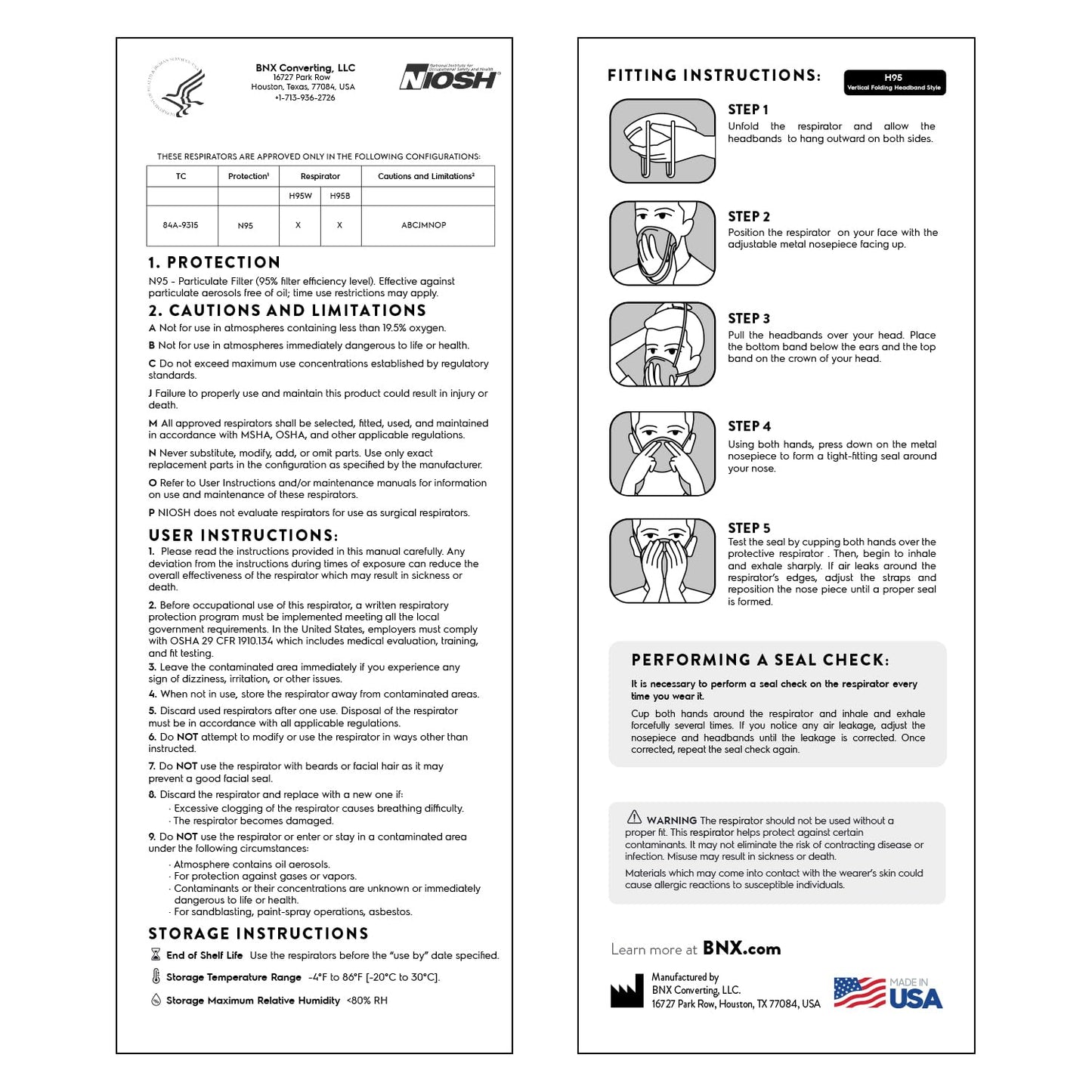 AccuMed BNX N95 Mask Black NIOSH Certified MADE IN USA Particulate Respirator Protective Face Mask (50-Pack, Approval Number TC-84A-9315 / Model H95B) Black