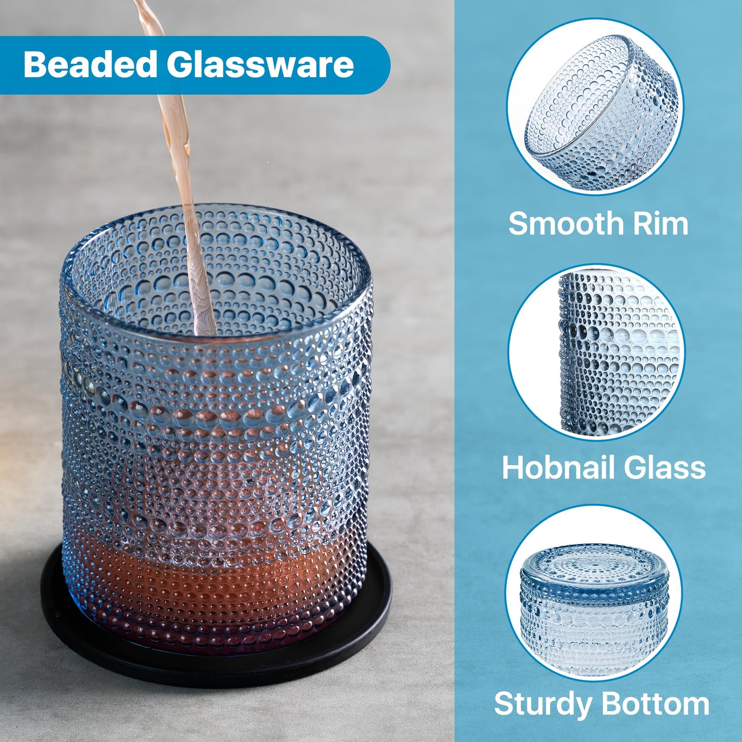 DmmyAlzx Hobnail Drinking Glasses Set of 12 Count, Vintage Glassware, Old Fashioned Glasses, 6 Highball Bubble Drinking Cups 14.5 oz, 6 Rocks Cups 10 oz with 6 Silicone Coasters, Blue