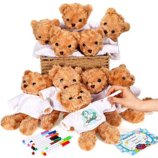 Blueweenly 40 Pcs Make Your Own Stuffed Bear Gift Kit 10 Pcs 9.84 Inches Rose Velvet Bear 10 White T Shirt 10 Set 12 Color Watercolor Pen 10 Paper Card DIY
