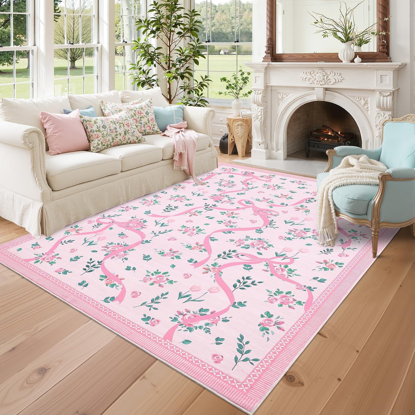GarveeHome Coquette Pink Bow Rugs for Bedroom Girls, 5x7 Area Rugs for Living Room with Soft Low Pile, Non Slip Floral Washable Rug 5x7 for Nursery Kids Playroom Dining Room College Dorm Girl Rug
