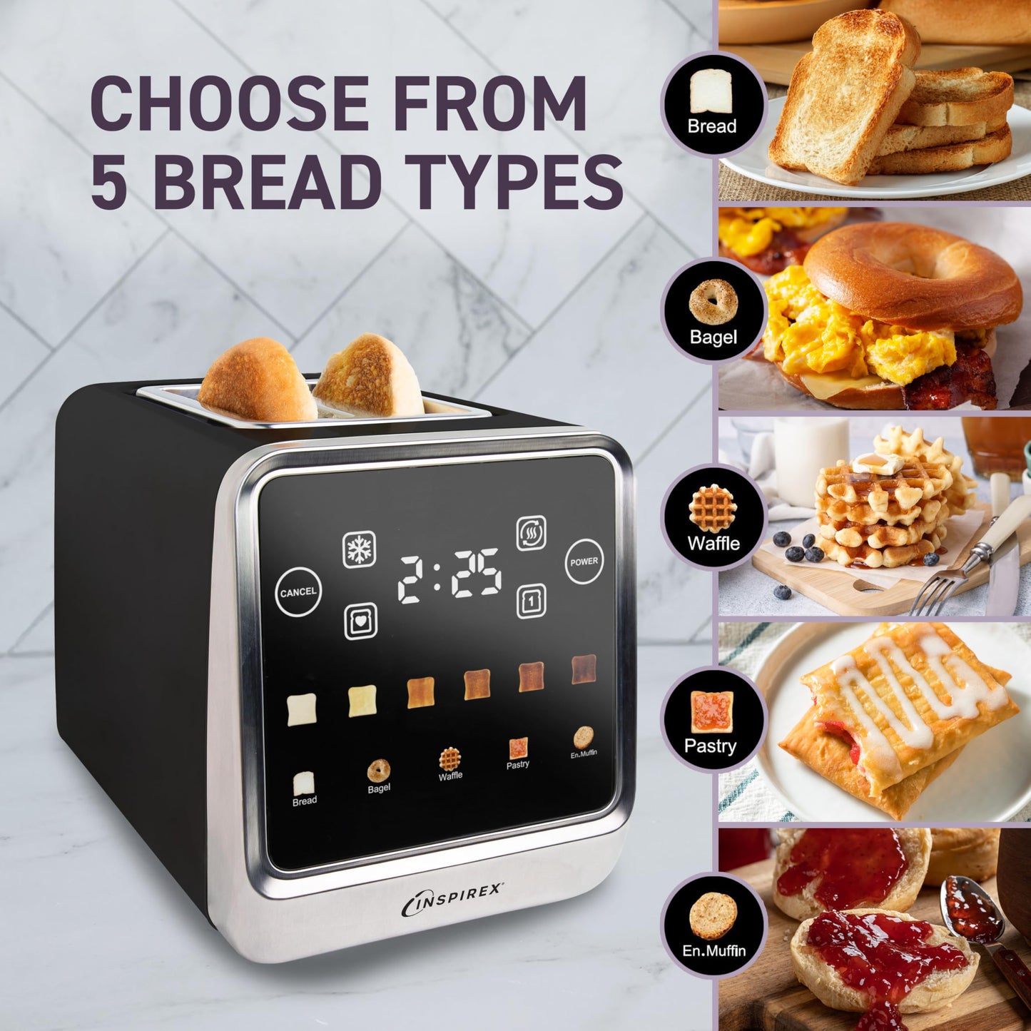Inspirex Touch Screen Toaster - 2 Extra Wide Slots - 5 Bread Types and 6 Browning Levels - Defrost, Reheat, Favorite, & Single Slot Modes - For Toast, Bagels, & Waffles – Black