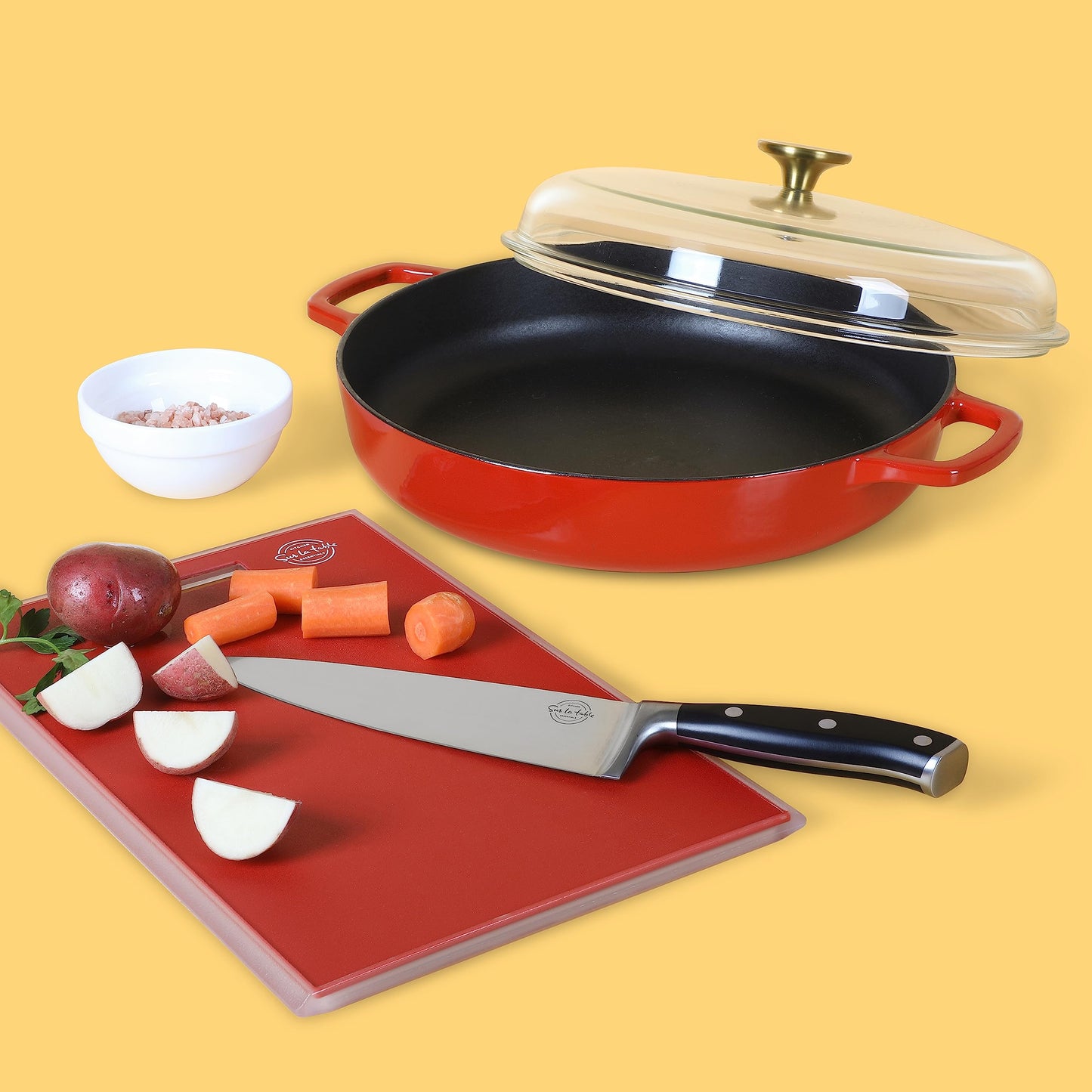 Sur La Table Kitchen Essentials Supper Club 3.75 Quart Enamel Cast Iron All In One Multi-Purpose Non-Toxic Nonstick Braiser Pan W/Borosilicate Glass Lid - Red