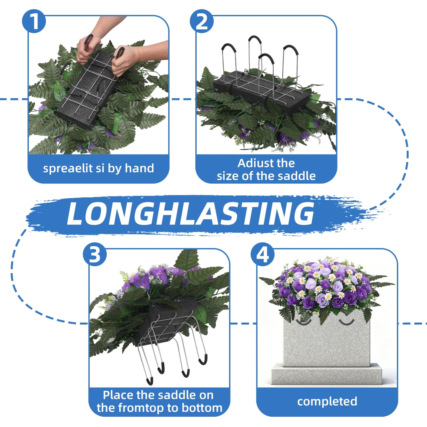 Wocst Headstone Flower Saddle,Large Artificial Cemetery Flowers for Grave 2Pack Artificial Silk Roses Daisy Bouquets with Cemetery Vases for Outdoor Grave Decorations (Purple)