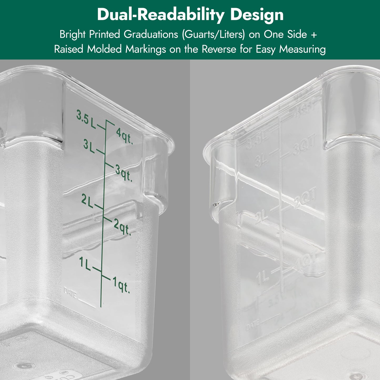 CURTA 4 Pack Food Storage Container with Green Lid - NSF Commercial Grade in 4.0 Qt - Square, Clear, Polycarbonate