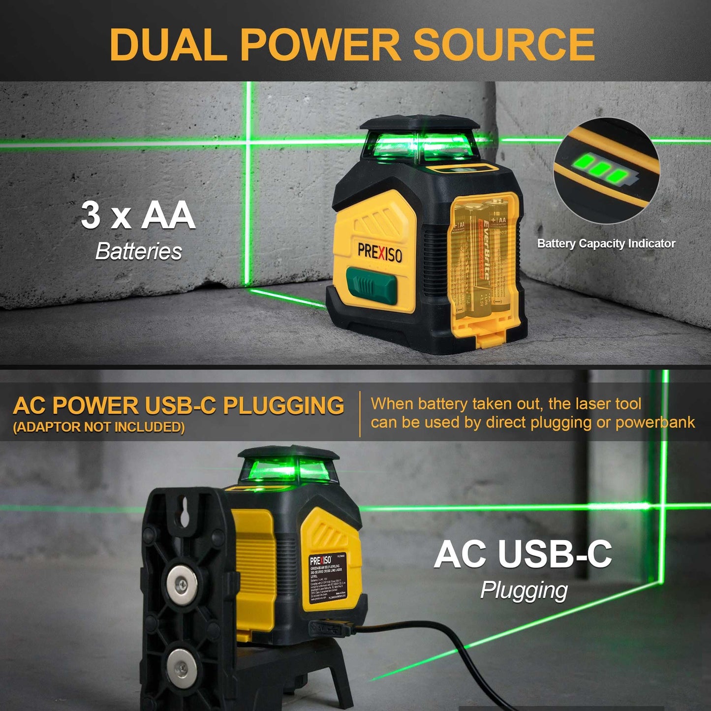 PREXISO 360° Laser Level with Tripod, 100Ft Dual Power Self Leveling Cross Line Laser- Wide Angle Vertical Line for Construction, Floor Tile, Renovation with Magnetic Base, Wall Panel Stand, Carry Bag