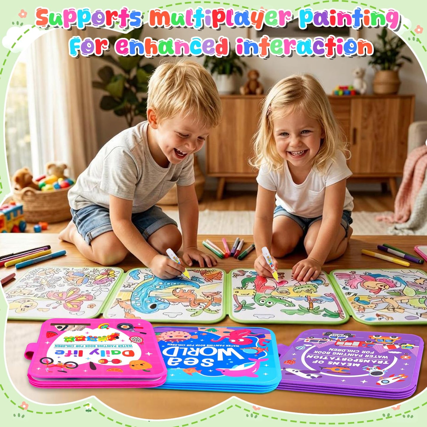 Reusable Water Painting Book for Kids, 4Pack Magic Watercolor Books with 4Water Pens