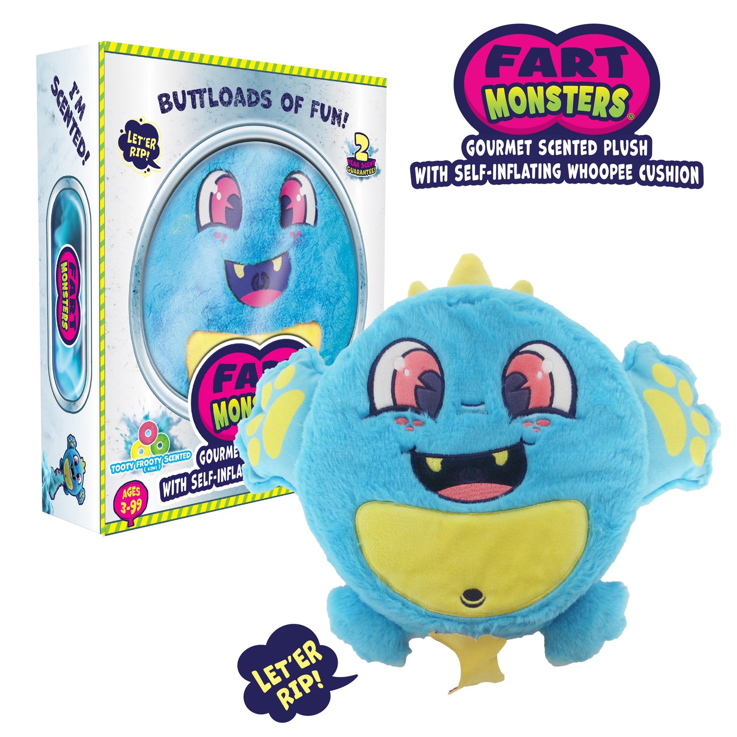 Fart Monsters Tootles 16″ Scented Plush with Self-Inflating Whoopee Cushion – Raspberry Candy Scent – Funny Collectible Toy Gift for Kids & Adults