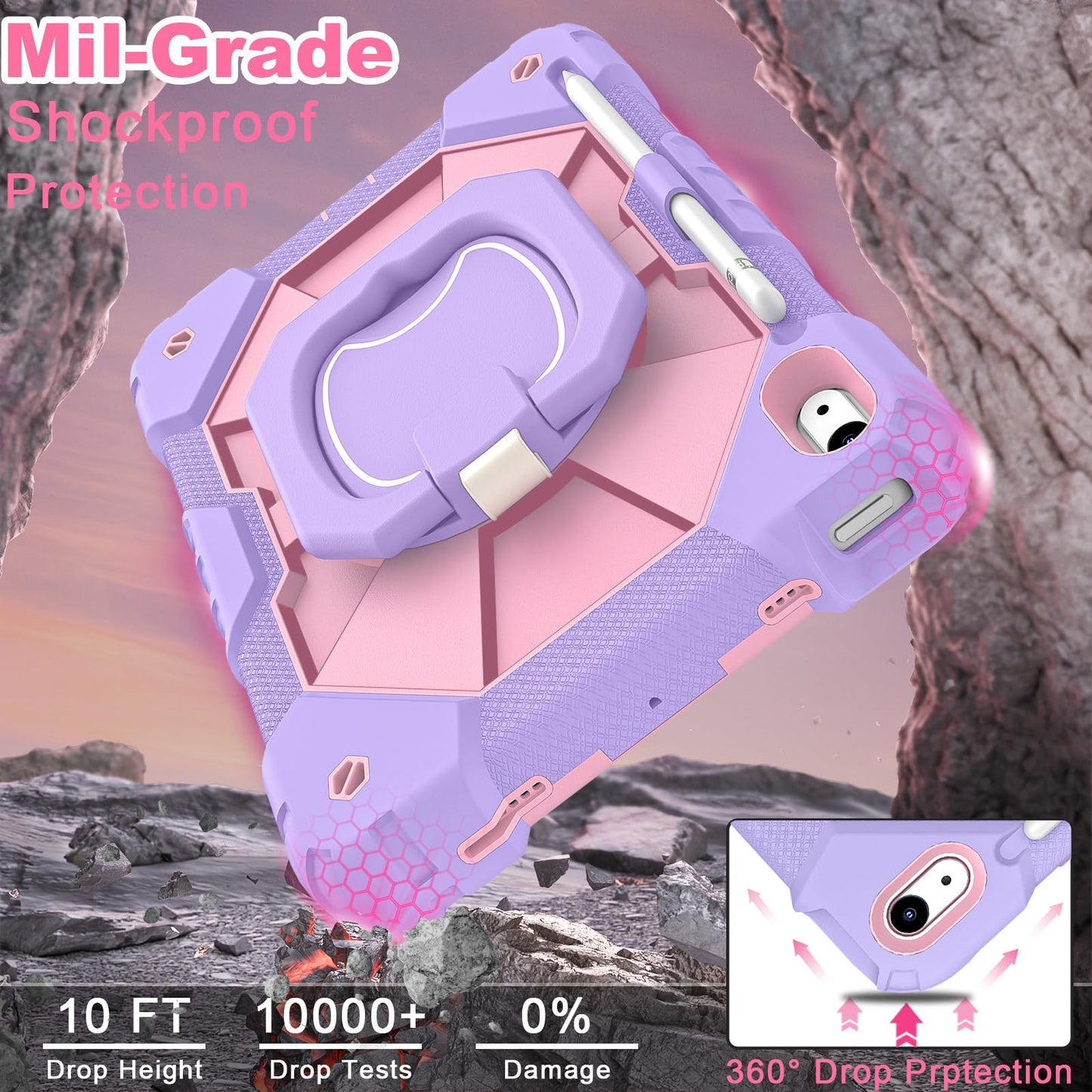 WESOROL Case for iPad (A16) 11th/10th Generation 2025/2022 with Screen Protector Rotating Stand Pencil Holder iPad Case 10th Generation Shockproof Cover for iPad 11th/10th Gen Cases Kids,Purple Rose