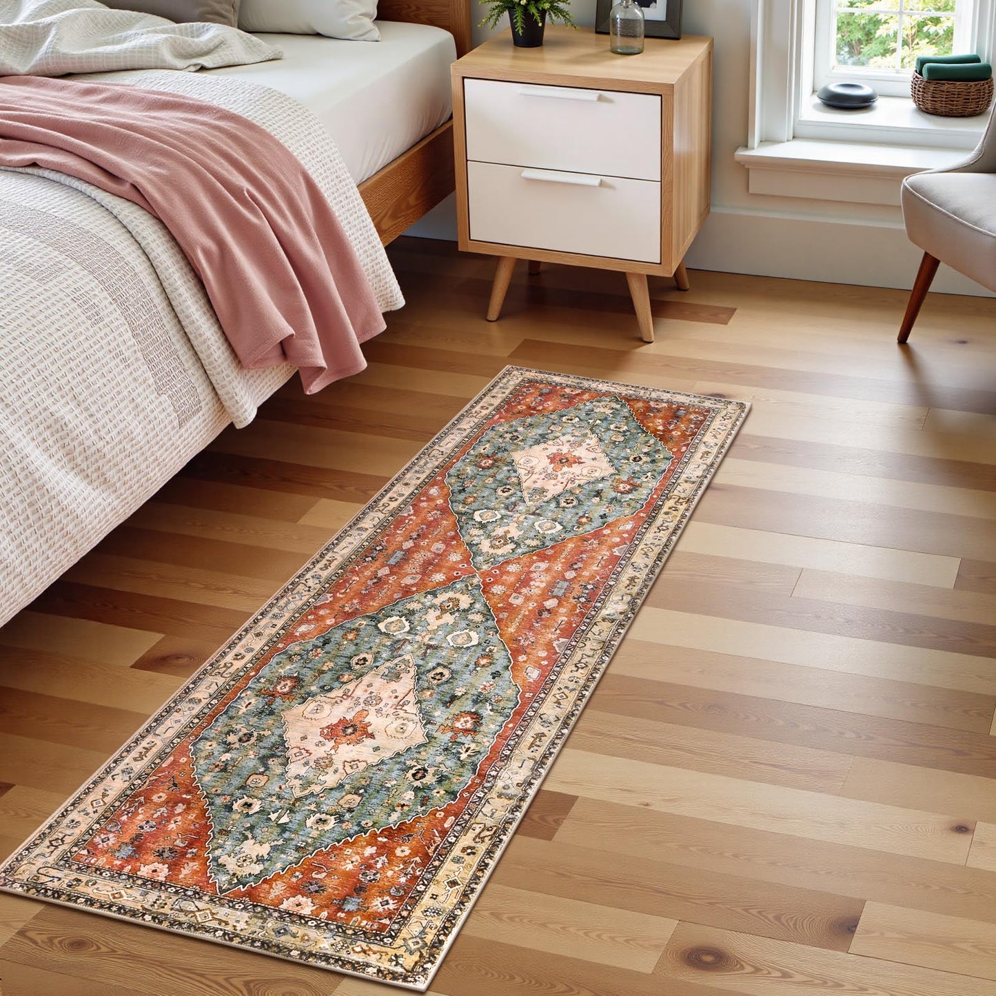 Lahome Boho Tribal 2x5 Kitchen Runner Rugs Non Skid Washable, Soft Runners for Hallways, Oriental Long Bathroom Floor Throw Carpet Runner for Entryway Laundry Room Bedroom (Rust/Dull Teal,2x5ft)
