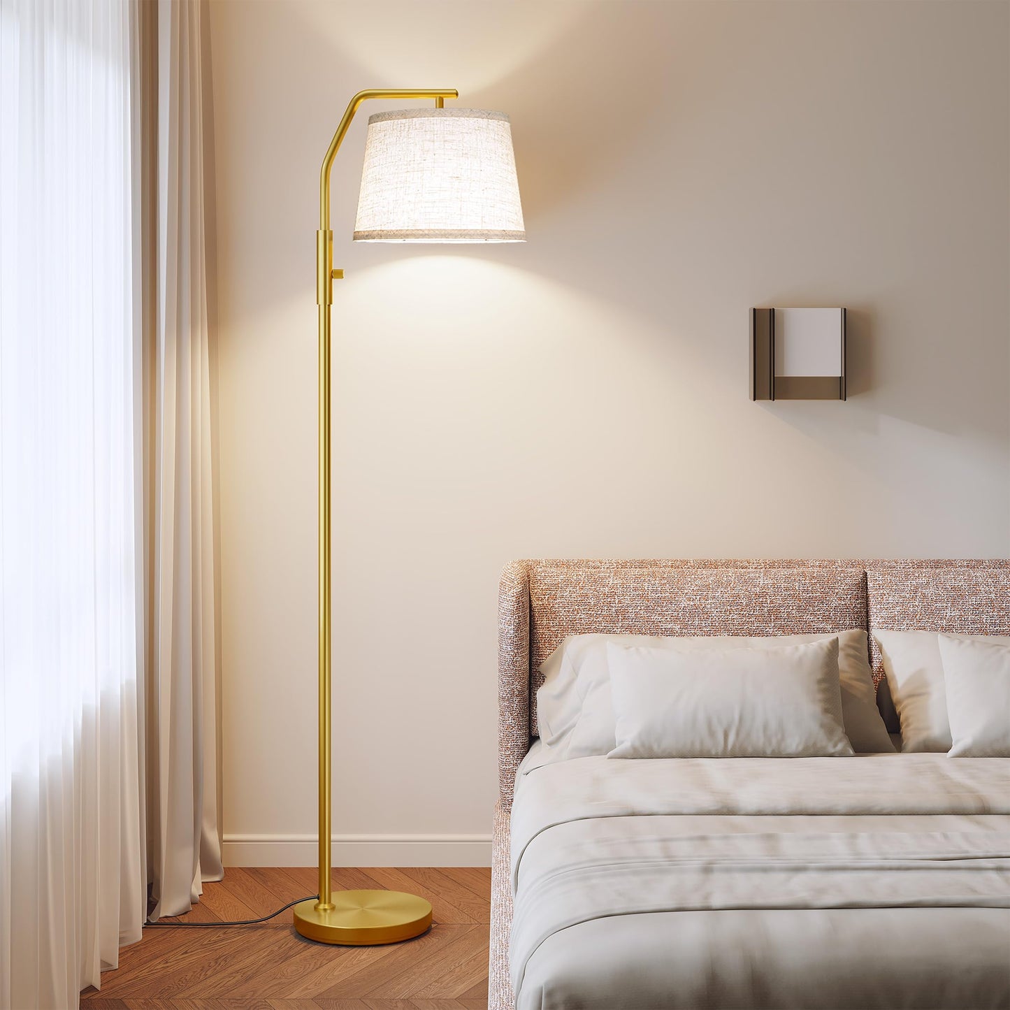 SUNMORY Floor Lamps for Living Room, 9W Bulb Included, Lamp for Bedroom with Adjust Head, Standing Lamp with Rotary Switch, 0-100% Dimmable Floor Lamp for Living Room Bedroom Office Nursery, Gold.